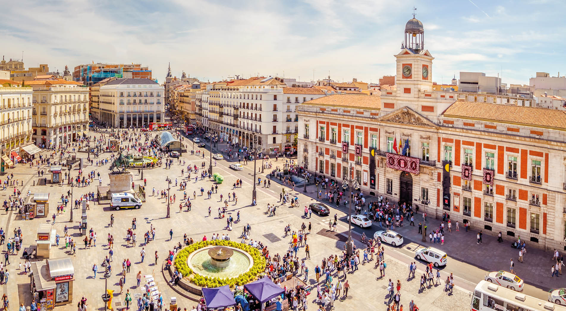 The Puerta del Sol square is the main public square in the city of Madrid, Spain. In the middle of the square is located the office of the President of the Community of Madrid.