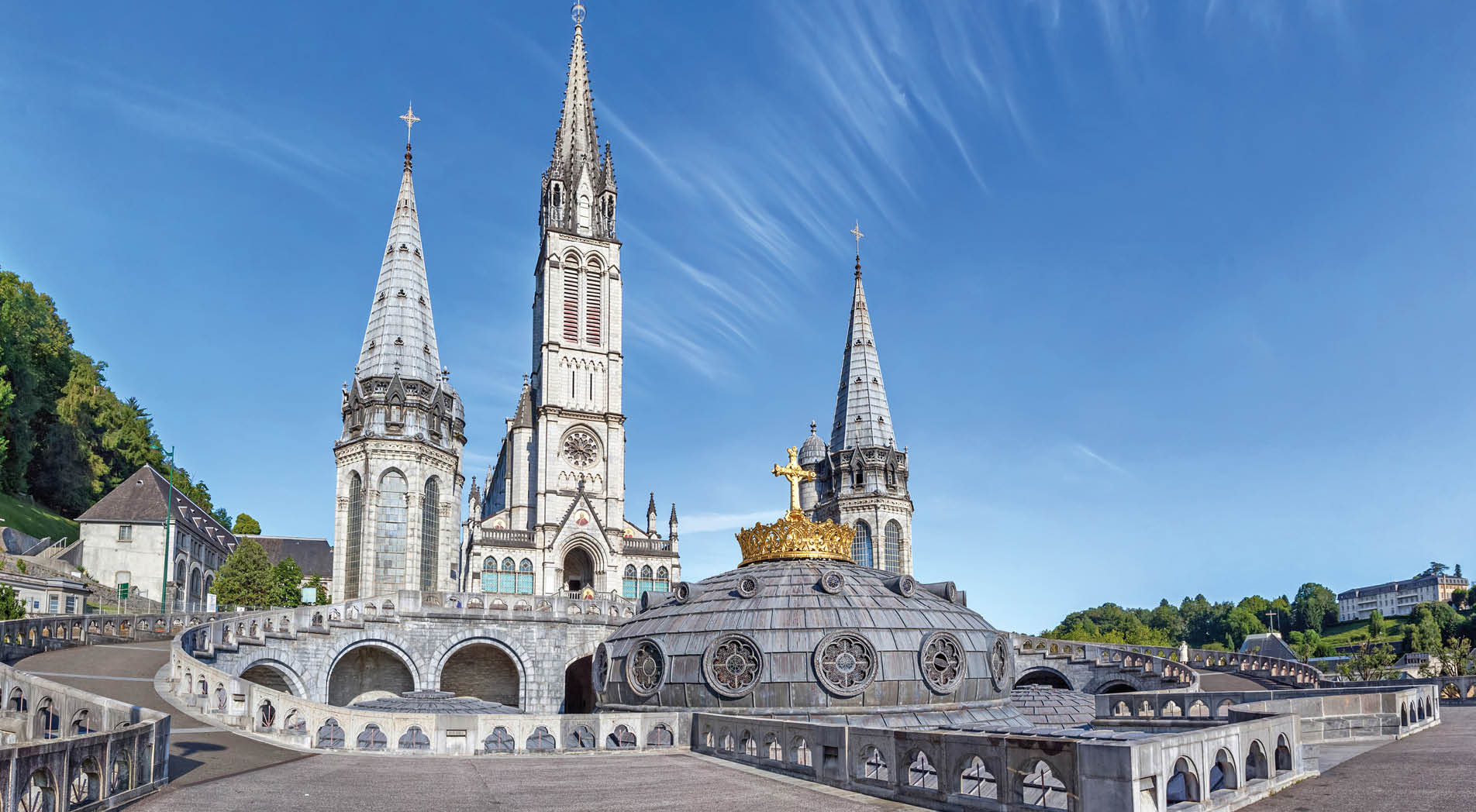 Panoramic view of Rosary Basilica in Lourdes, Hautes-Pyrenees, France