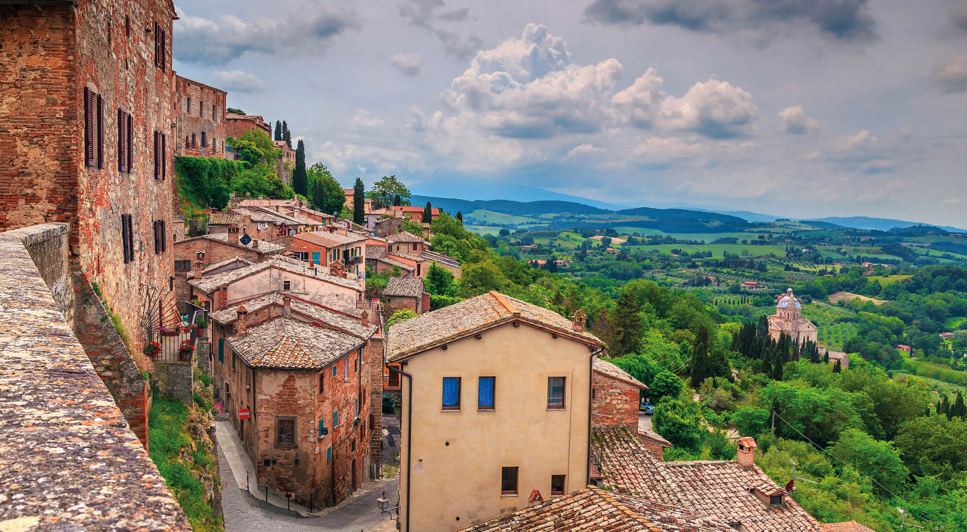 Famous travel and touristic location. Breathtaking Tuscany landscape seen from the walls of Montepulciano, Italy, Europe