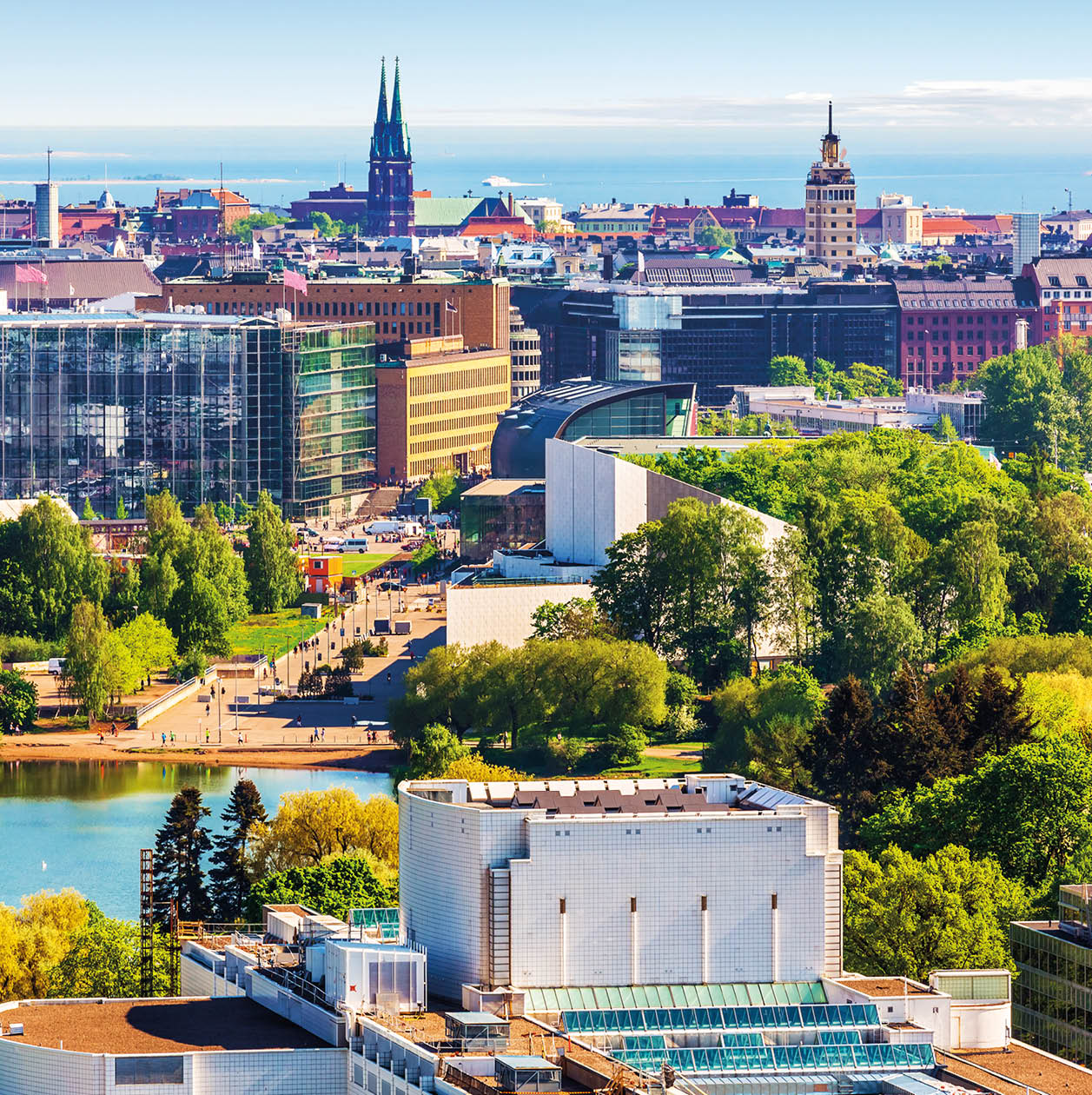 Scenic summer aerial panorama of the Old Town architecture in Helsinki, Finland
