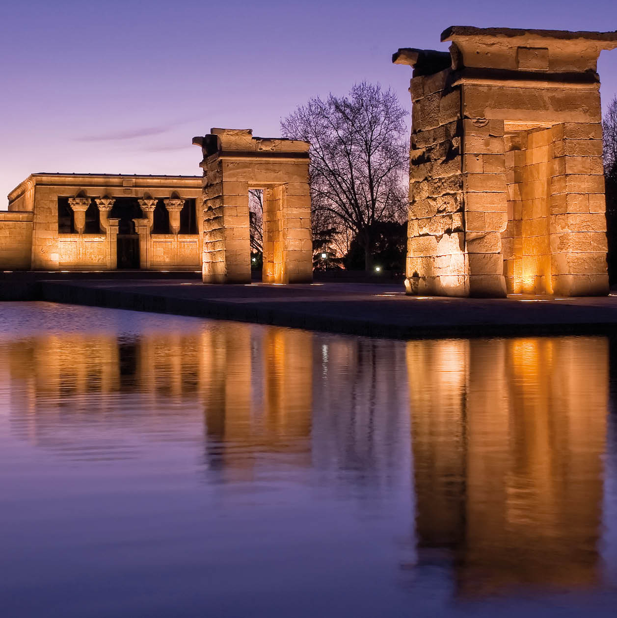 Ancient egyptian temple reflection at dusk