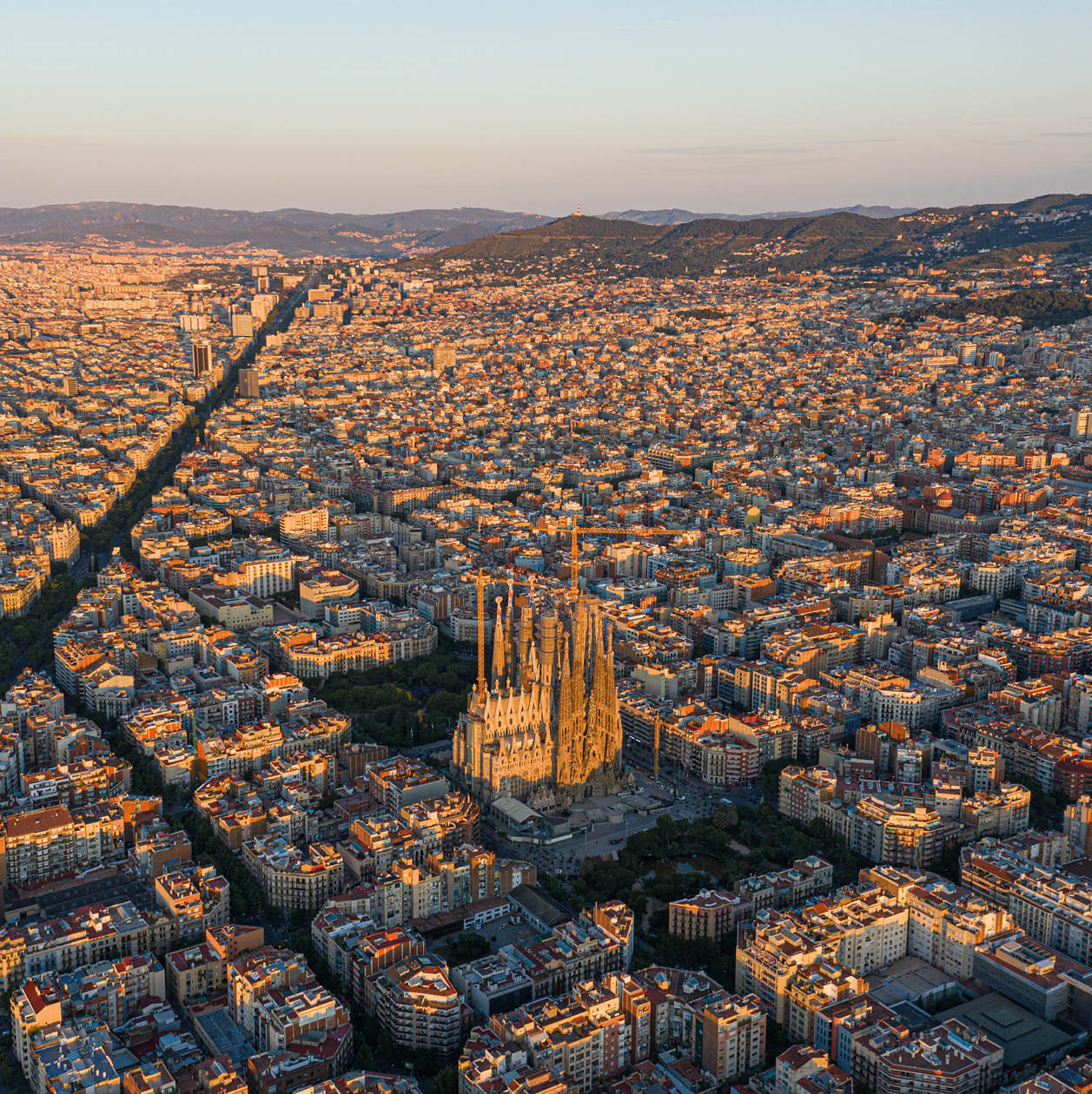 aerial view of Barcelona at first light on the famous Sagrada familia
