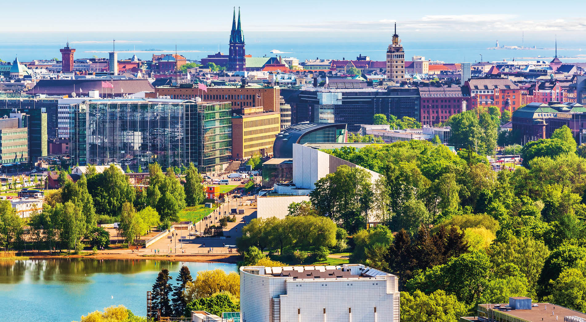 Scenic summer aerial panorama of the Old Town architecture in Helsinki, Finland