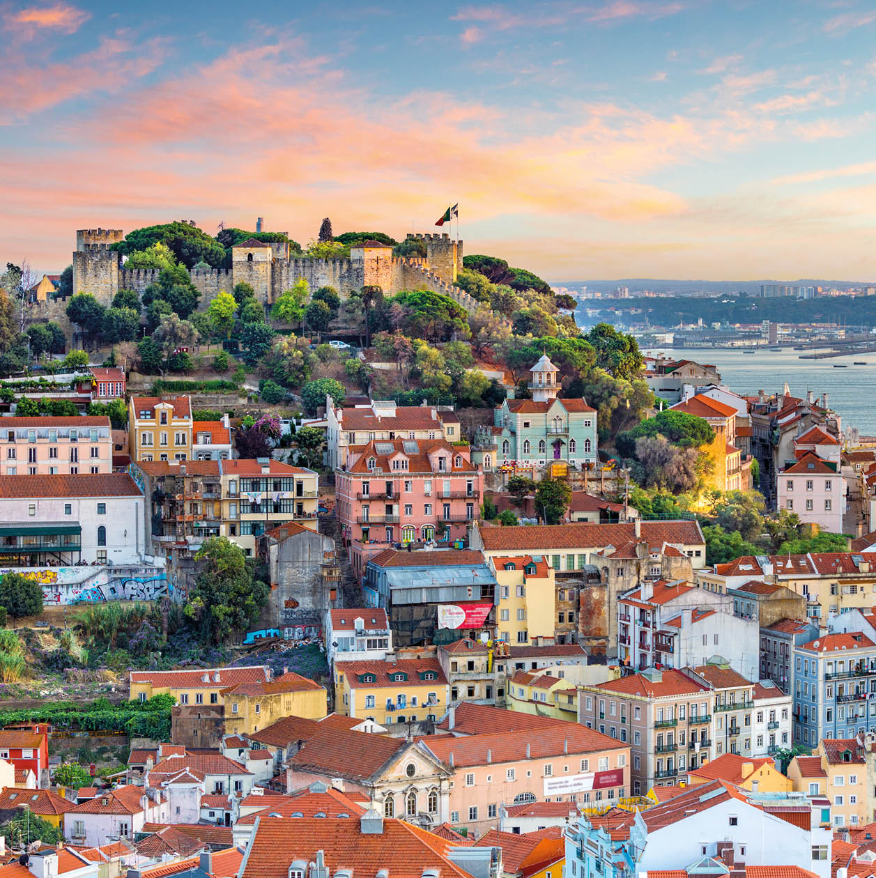 Lisbon, Portugal skyline at Sao Jorge Castle at sunset.