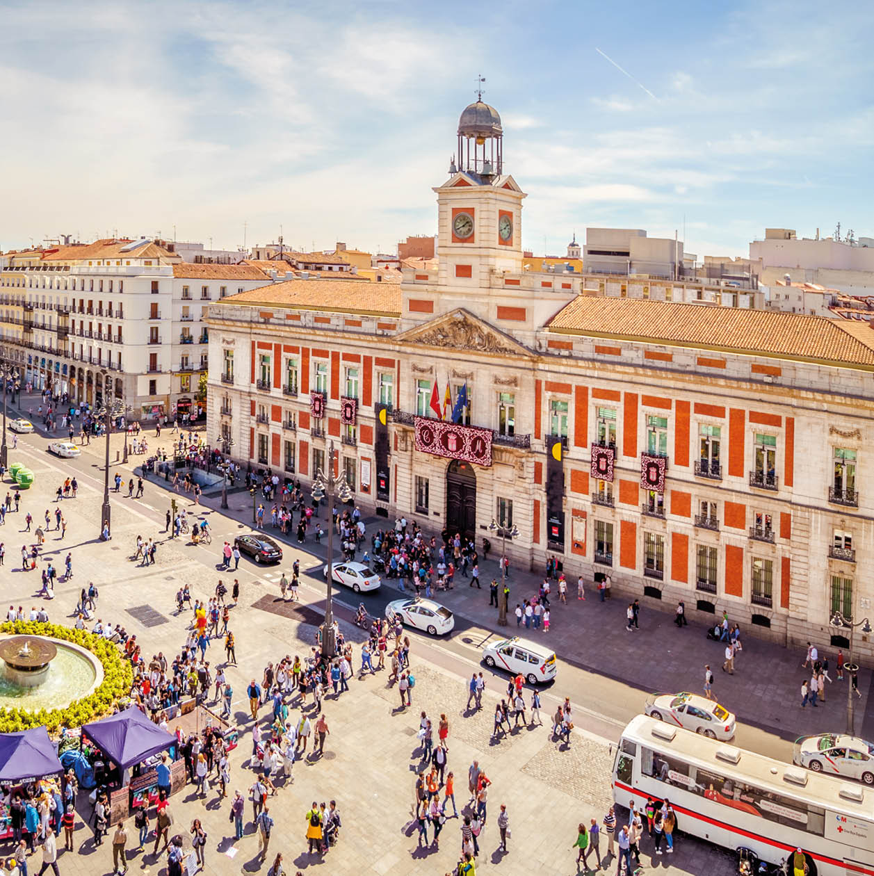 The Puerta del Sol square is the main public square in the city of Madrid, Spain. In the middle of the square is located the office of the President of the Community of Madrid.