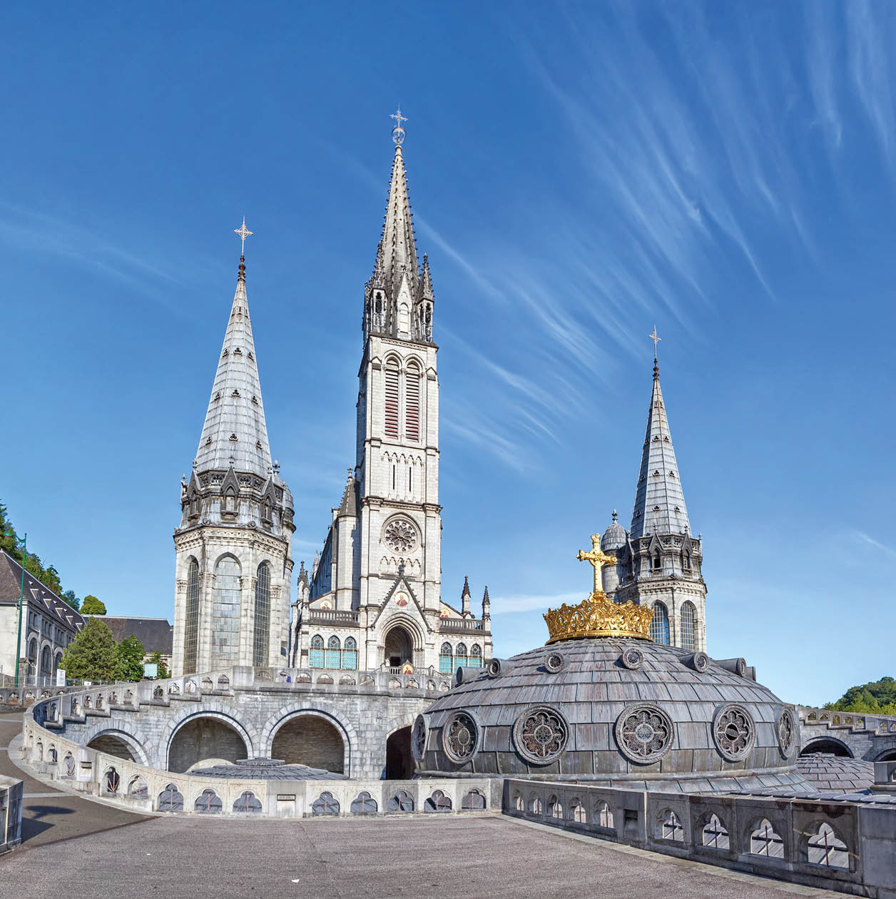 Panoramic view of Rosary Basilica in Lourdes, Hautes-Pyrenees, France