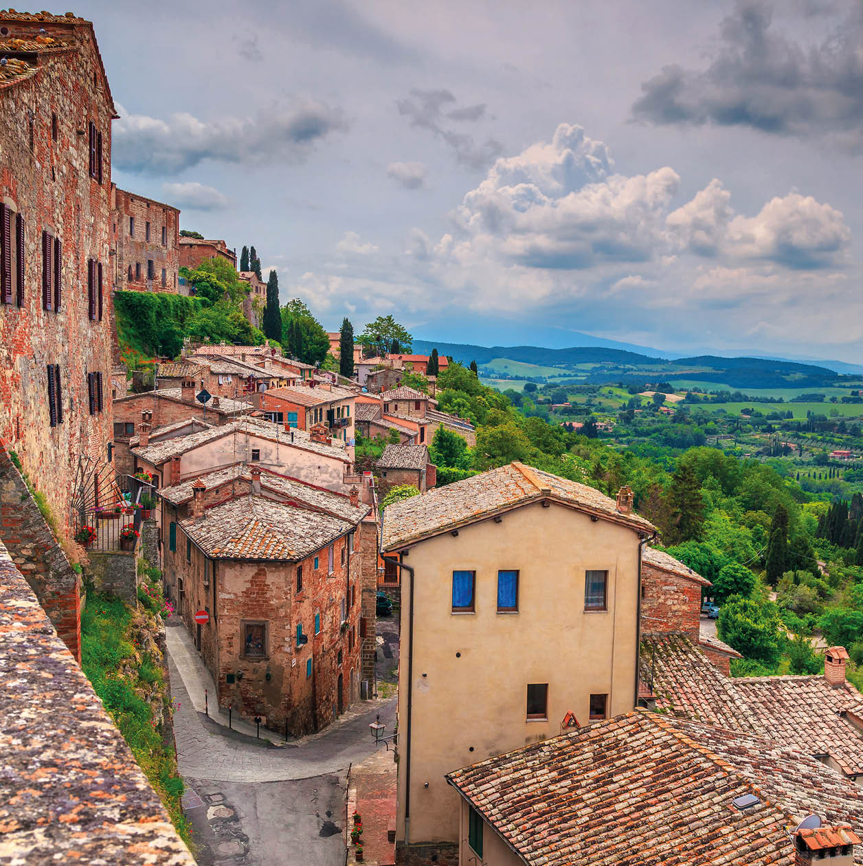 Famous travel and touristic location. Breathtaking Tuscany landscape seen from the walls of Montepulciano, Italy, Europe