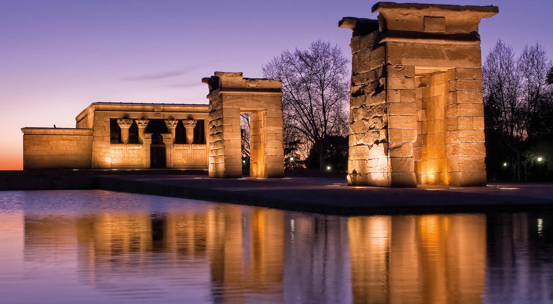Ancient egyptian temple reflection at dusk
