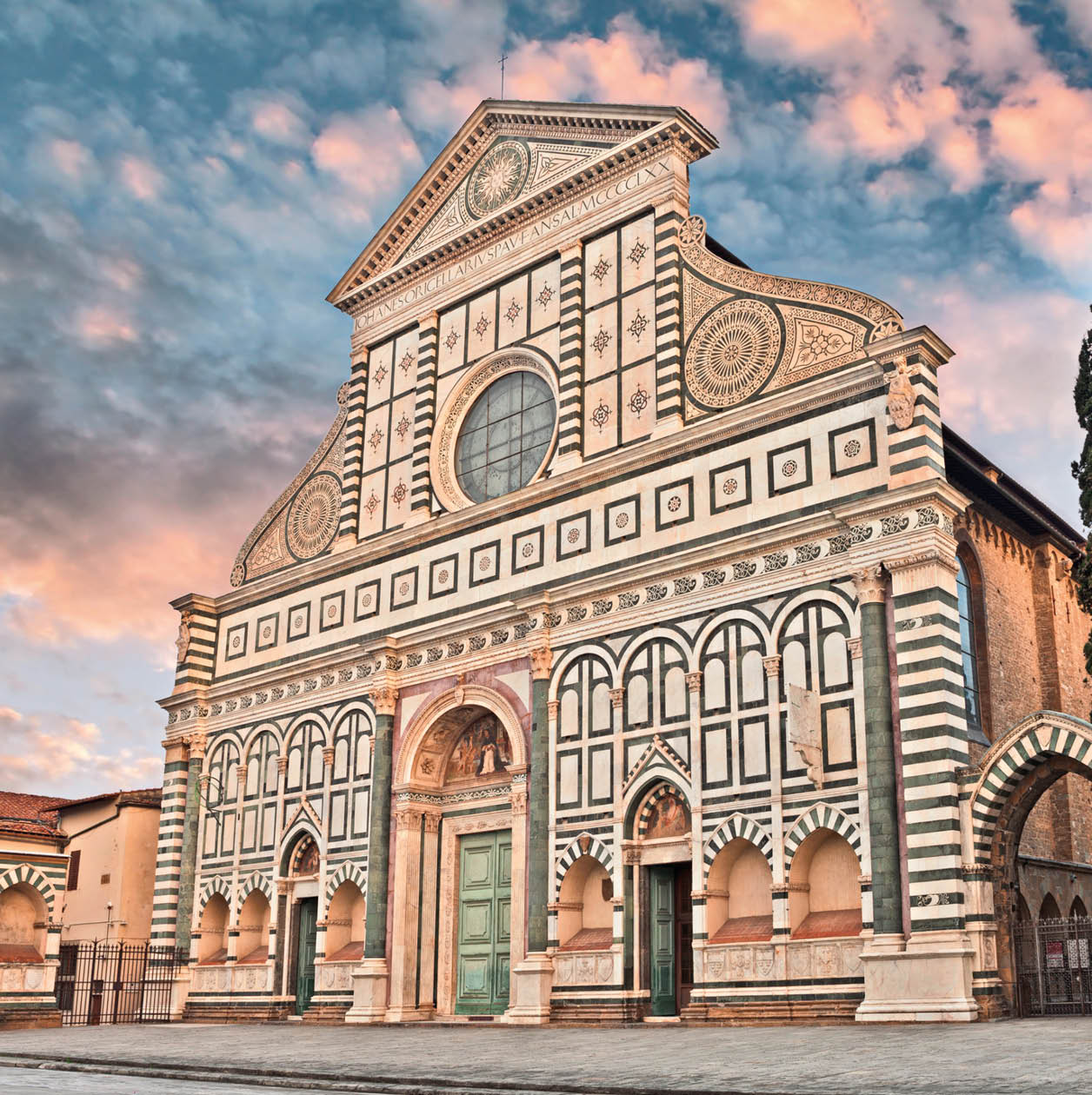 Florence, Tuscany, Italy: renaissance Basilica of Santa Maria Novella, the great Dominican church with the facade of precious colored marble