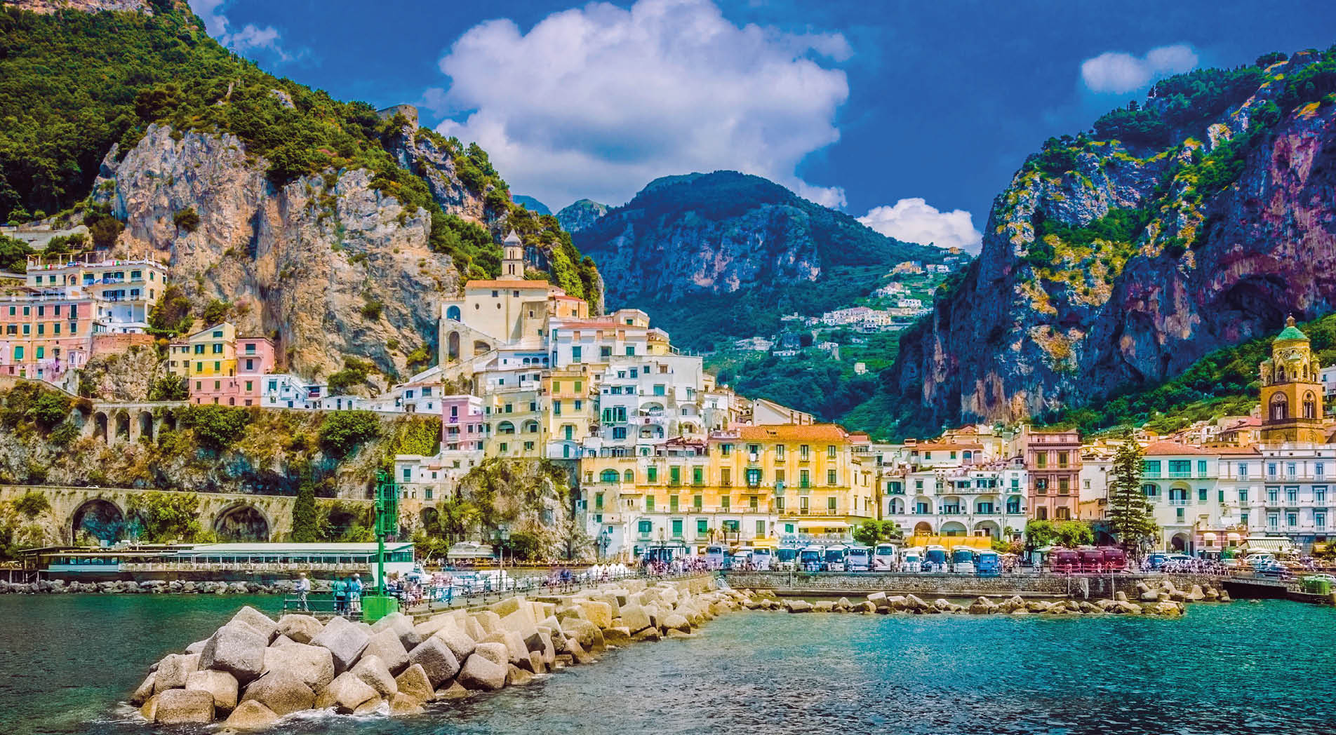 Amalfi Coast, Campania, Sorrento, Italy. View of the town and the seaside in a summer