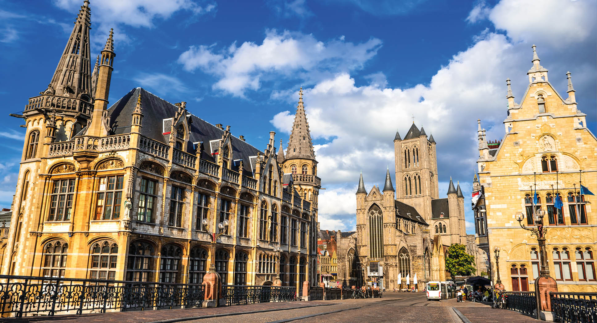 Gent, Belgium, Medieval city of Ghent in Flanders with Saint Nicholas Church and Belfry tower, one of famous landmarks of Belgium.