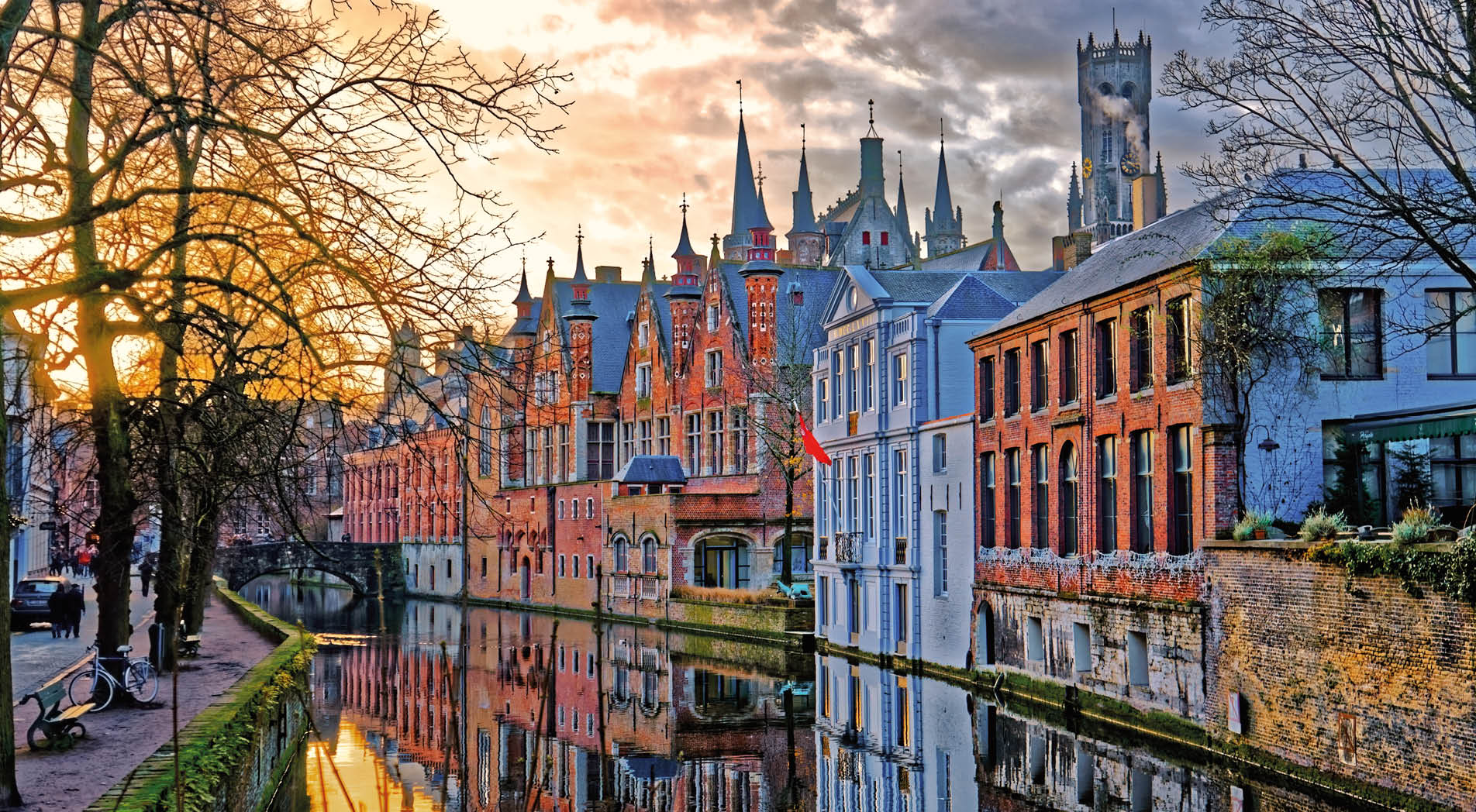 Canals of Bruges (Brugge), Belgium. Winter evening view.