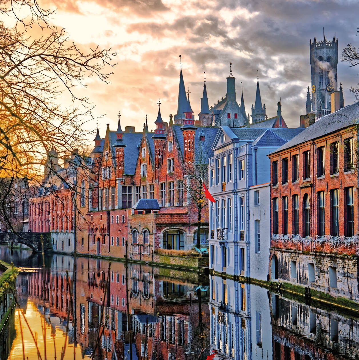 Canals of Bruges (Brugge), Belgium. Winter evening view.