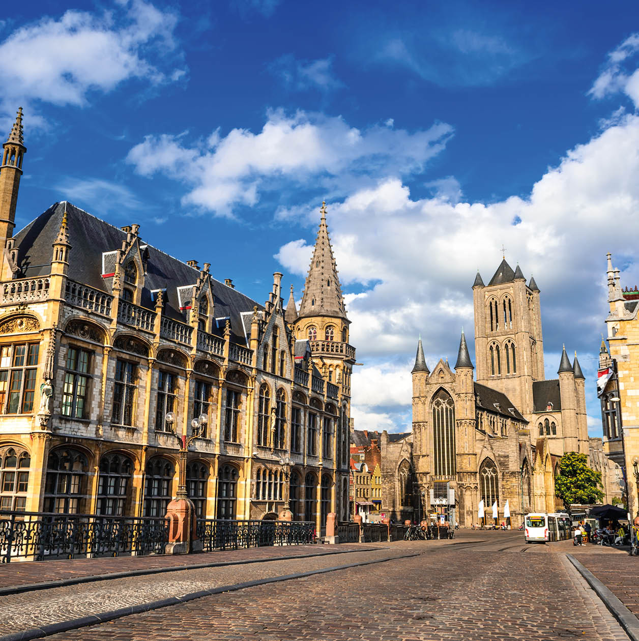 Gent, Belgium, Medieval city of Ghent in Flanders with Saint Nicholas Church and Belfry tower, one of famous landmarks of Belgium.