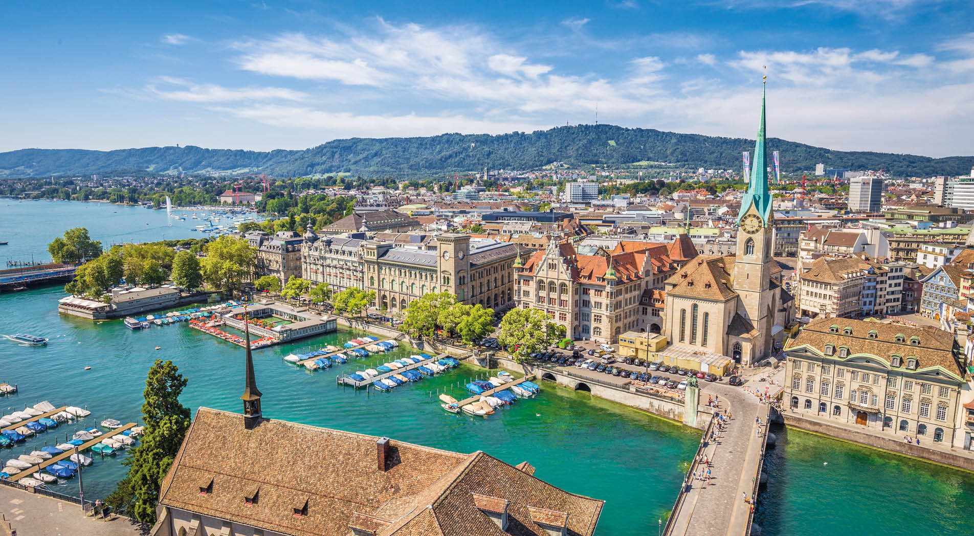 Aerial view of Z rich city center with famous Fraum nster Church and river Limmat at Lake Zurich from Grossm nster Church, Canton of Z rich, Switzerland.