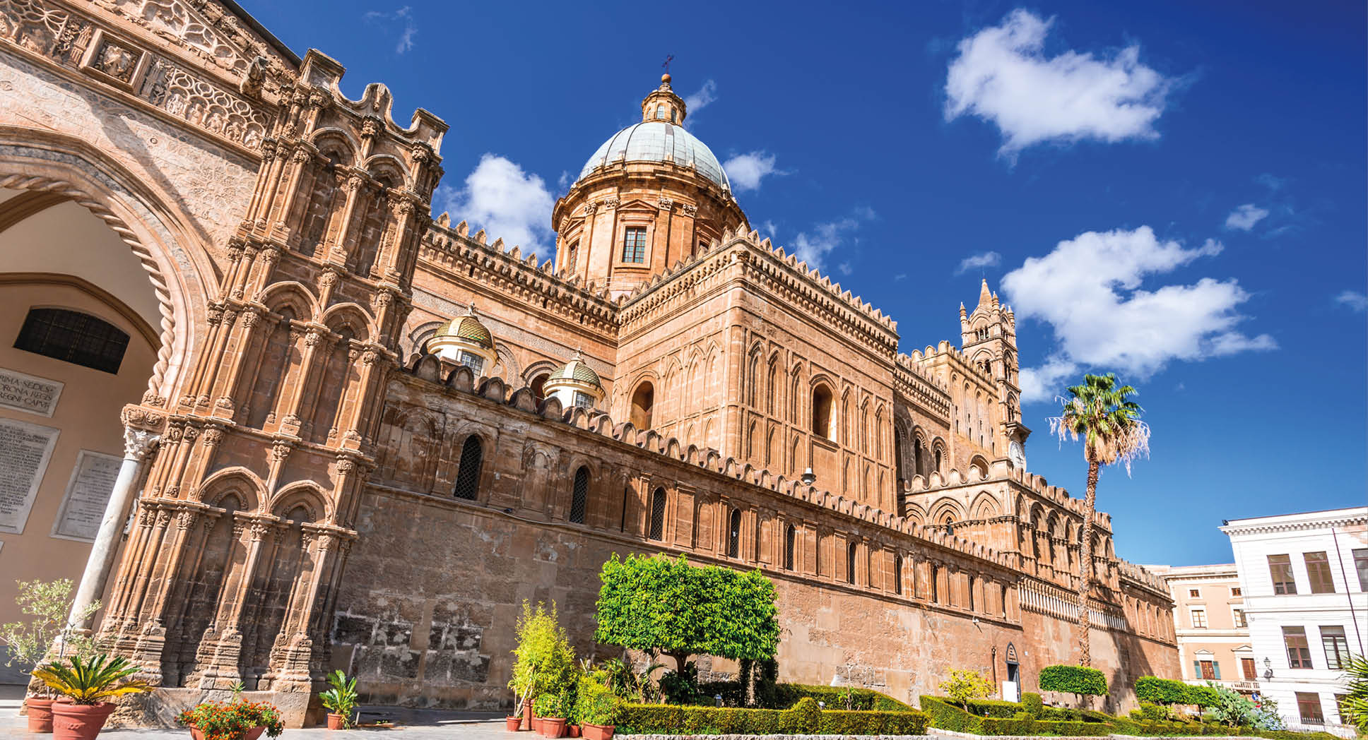 Palermo, Sicily. Twilight view Norman Cathedral of Assumption the Virgin Mary, medieval Italy.