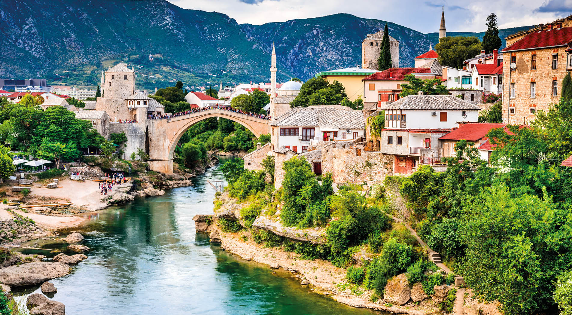 Mostar, Bosnia and Herzegovina. The Old Bridge, Stari Most, with emerald river Neretva.