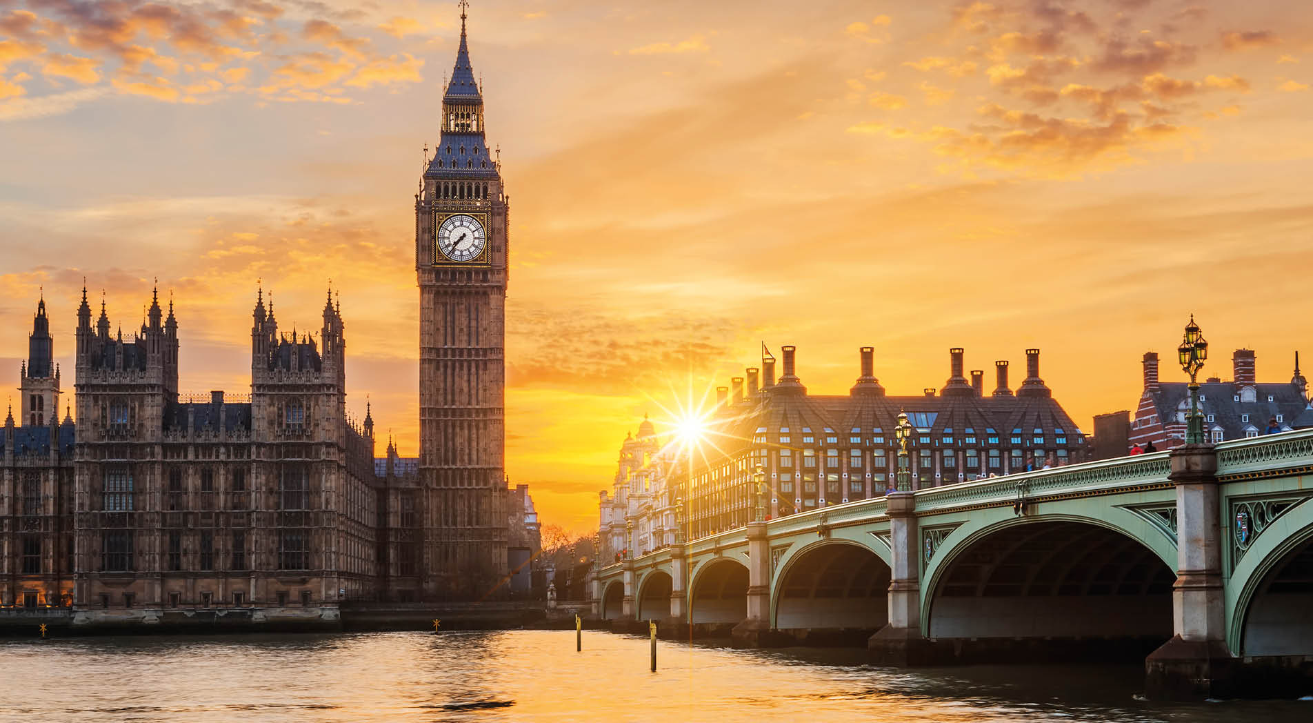 Big Ben and Westminster Bridge at sunset, London, UK
