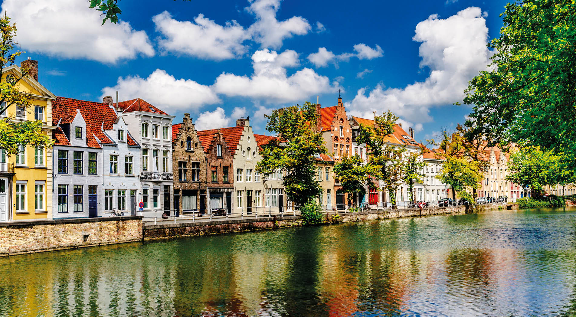 View along the canal towards Langerei in the city of Bruges in Belgium, looking north. AdobeRGB colorspace.