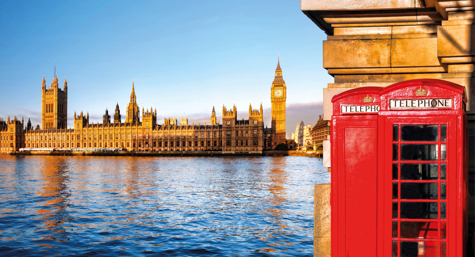 London symbols with BIG BEN and red PHONE BOOTHS in England, UK