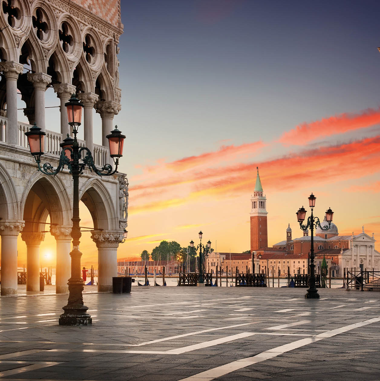 Square San Marco with the view on Palazzo Ducale and San Giorgio Maggiore in Venice at sunrise, Italy