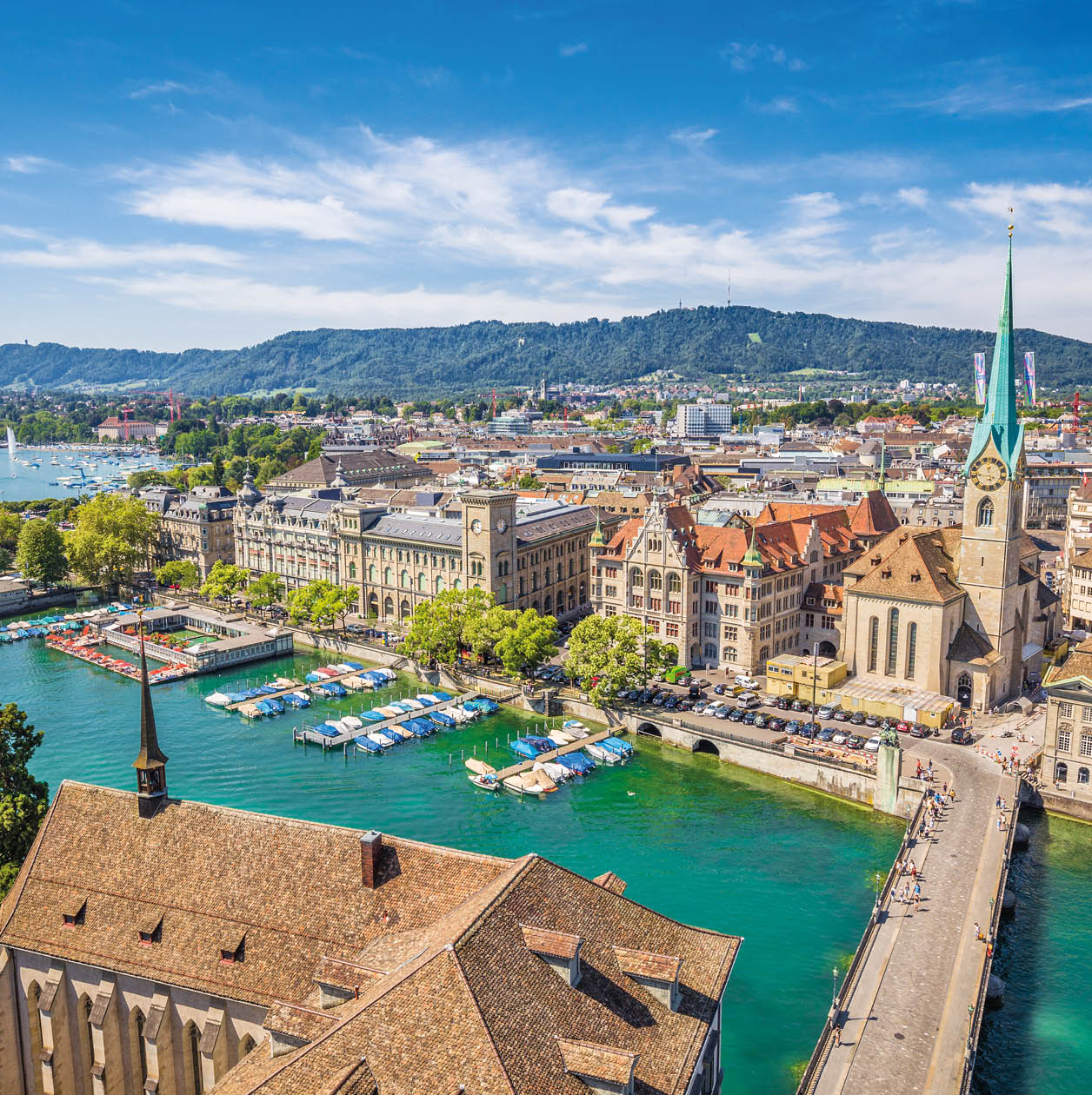Aerial view of Z rich city center with famous Fraum nster Church and river Limmat at Lake Zurich from Grossm nster Church, Canton of Z rich, Switzerland.