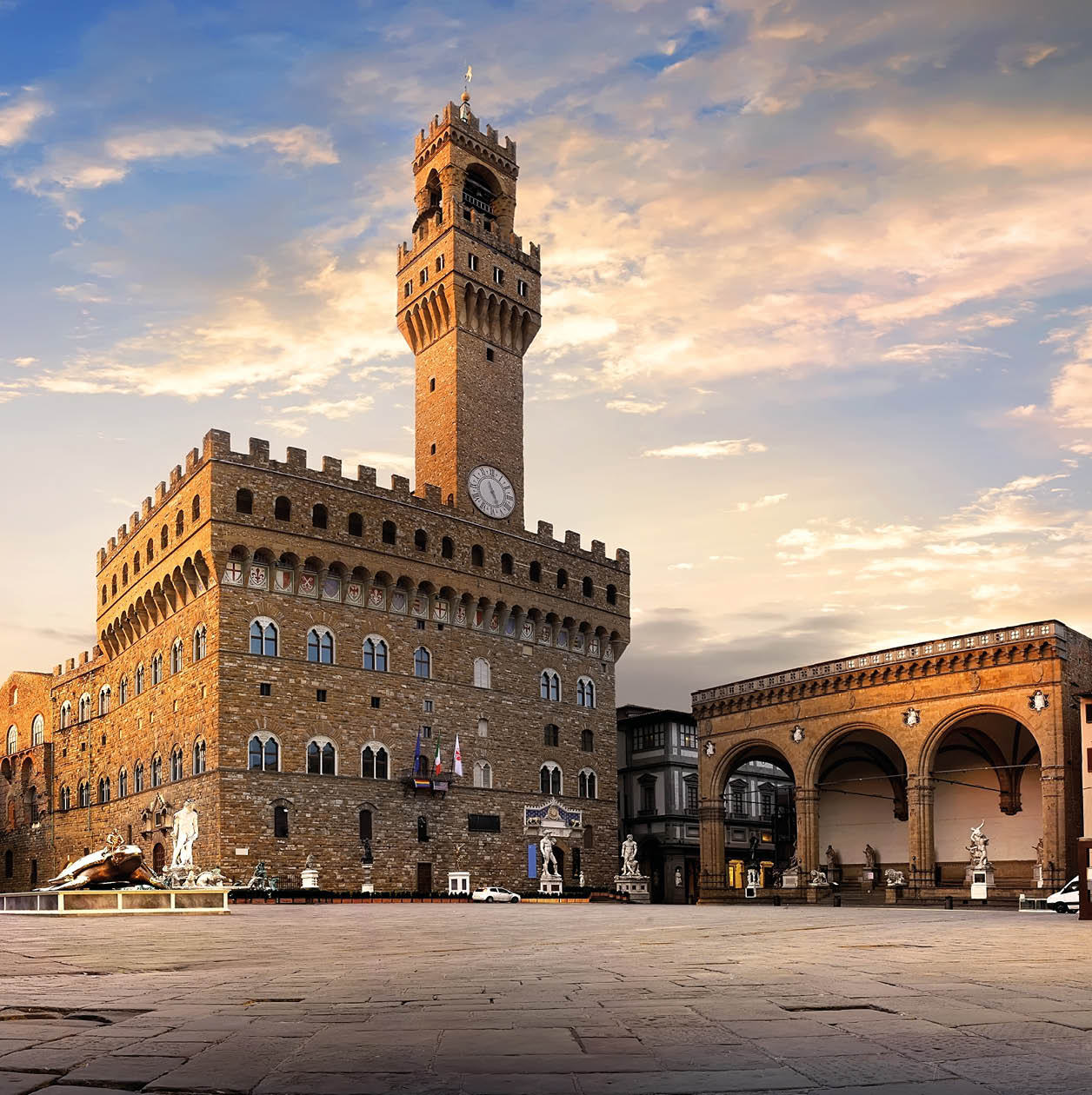 Square of Signoria in Florence at sunrise, Italy