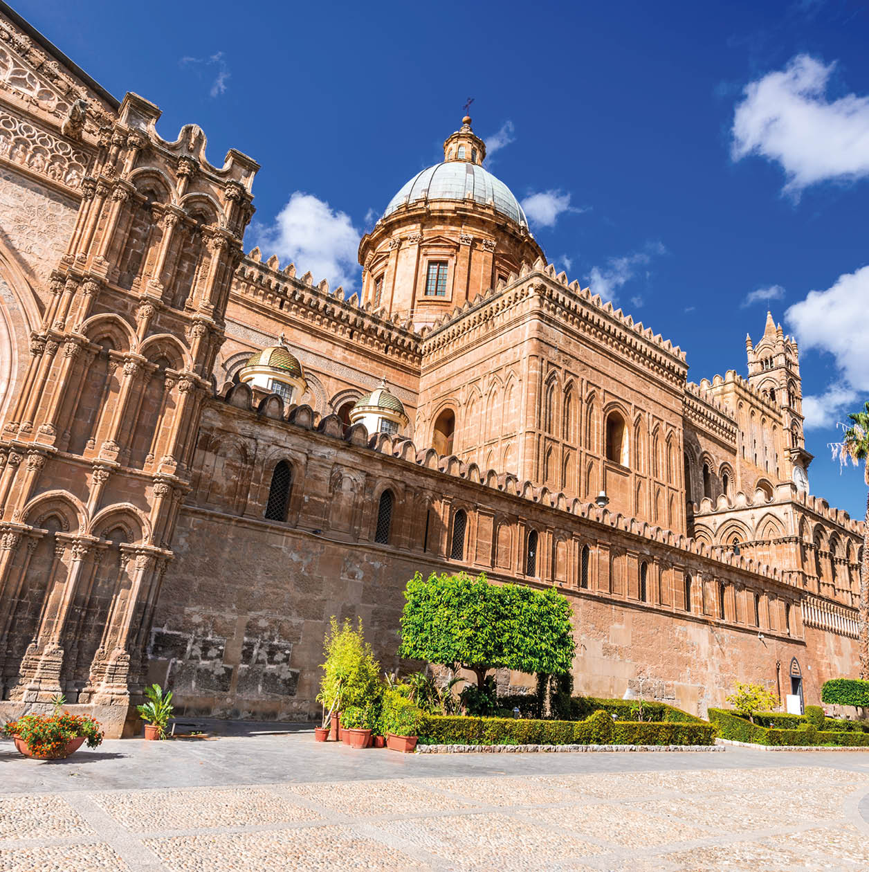 Palermo, Sicily. Twilight view Norman Cathedral of Assumption the Virgin Mary, medieval Italy.
