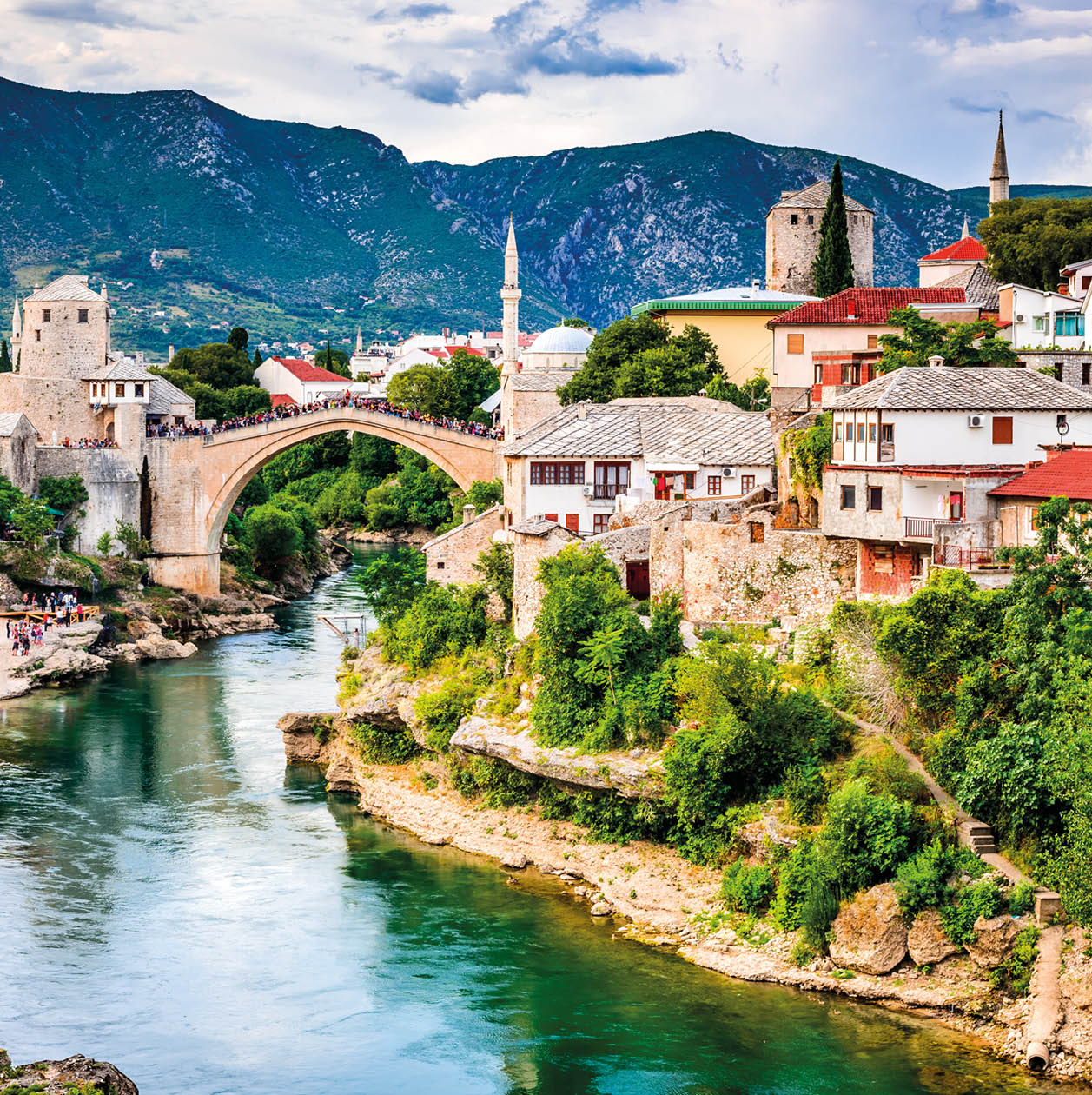 Mostar, Bosnia and Herzegovina. The Old Bridge, Stari Most, with emerald river Neretva.