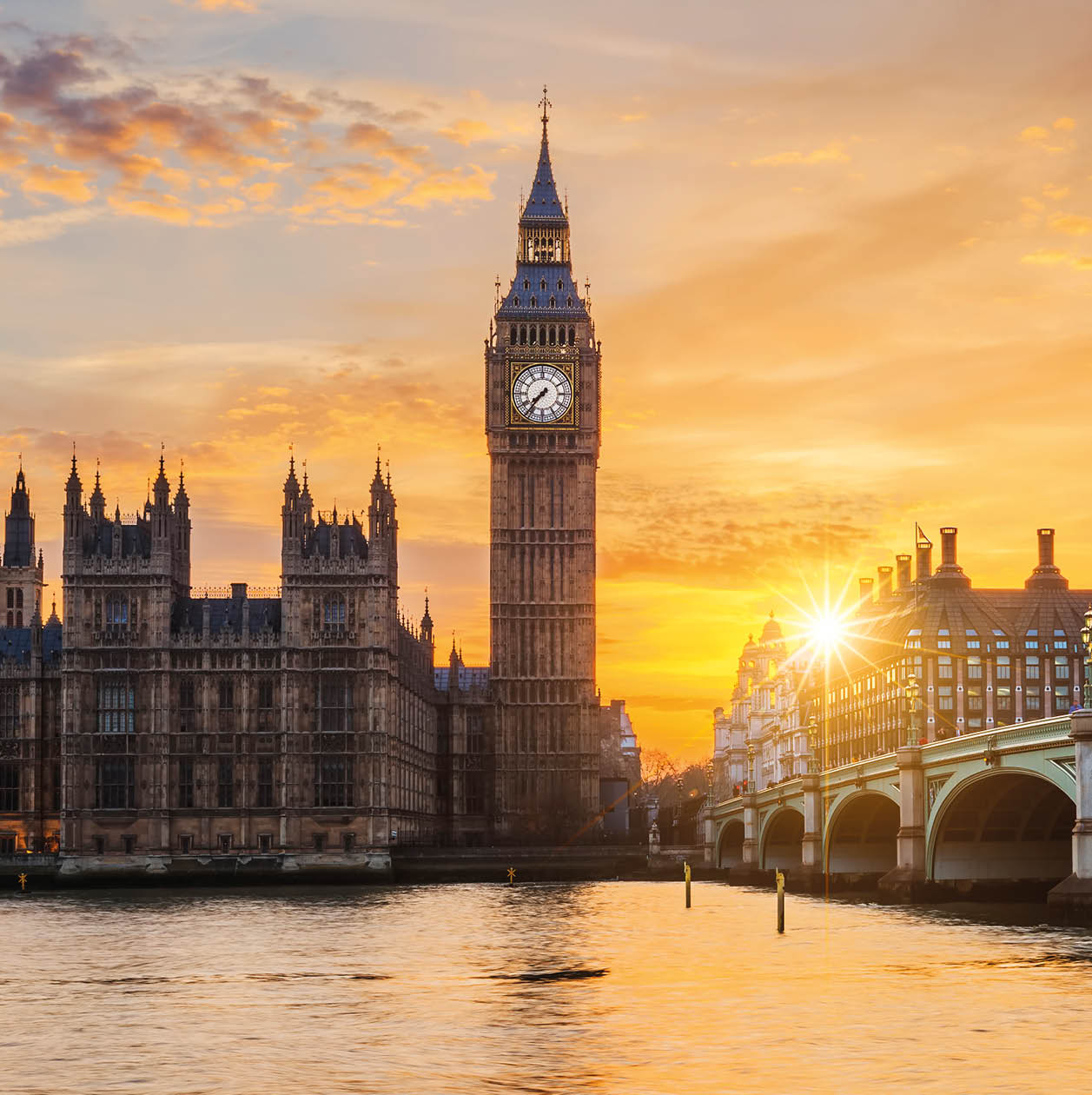 Big Ben and Westminster Bridge at sunset, London, UK