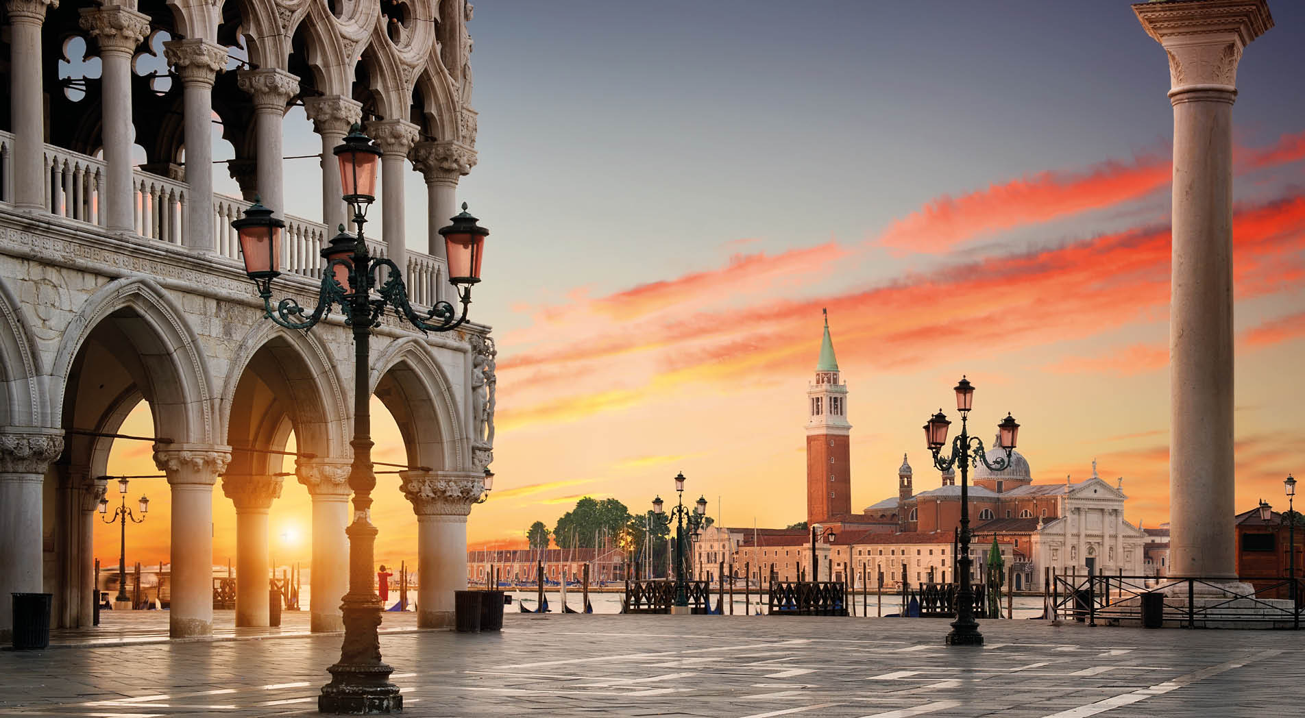 Square San Marco with the view on Palazzo Ducale and San Giorgio Maggiore in Venice at sunrise, Italy