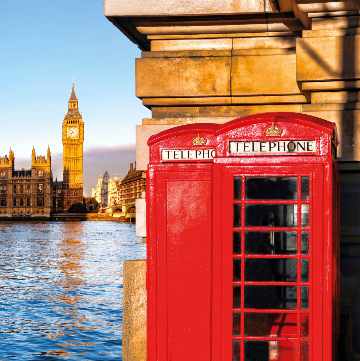 London symbols with BIG BEN and red PHONE BOOTHS in England, UK