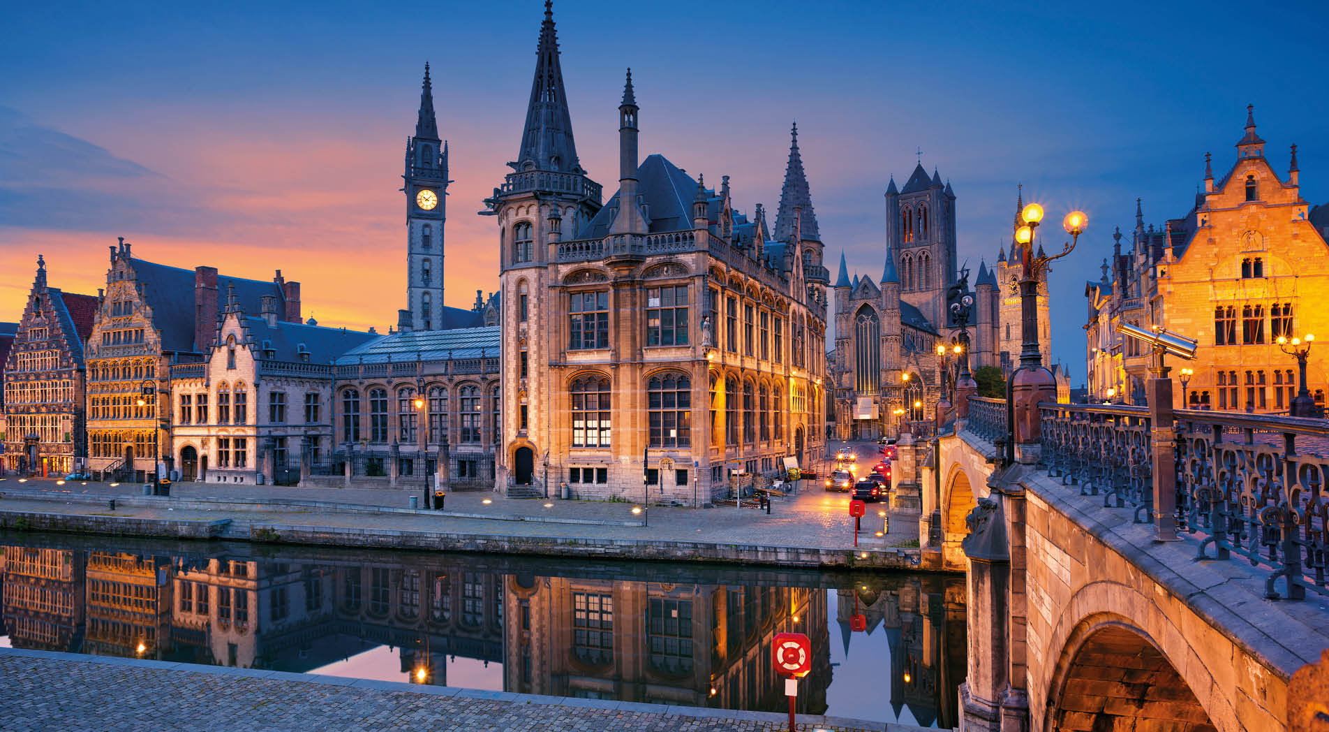 Image of Ghent, Belgium during twilight blue hour.