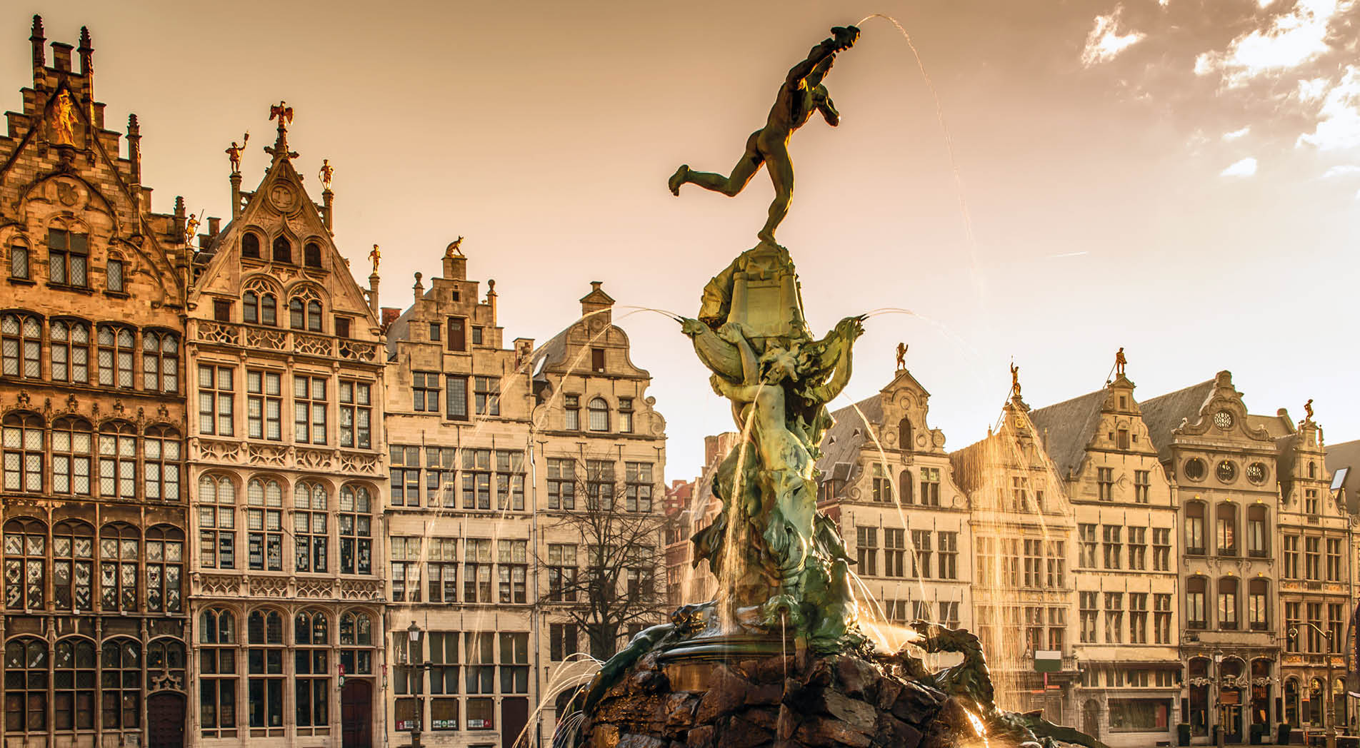 Brabo fountain in front of the town hall on the Great Market Square of Antwerp, Belgium