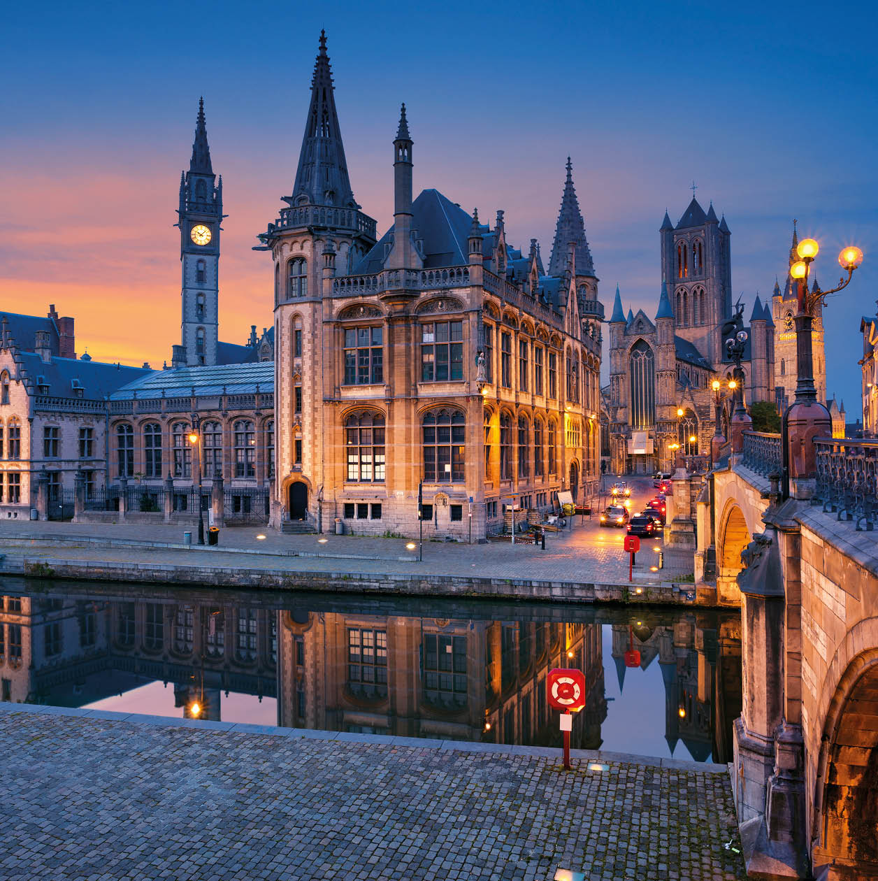 Image of Ghent, Belgium during twilight blue hour.