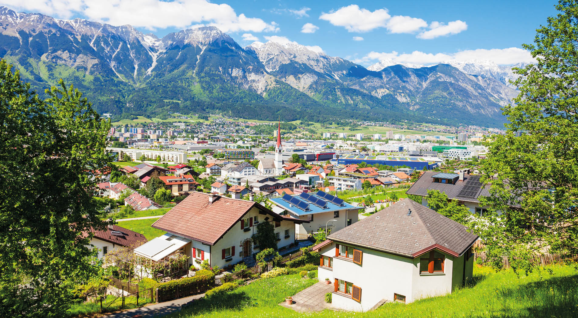 Innsbruck aerial panoramic view. Innsbruck is the capital city of Tyrol in western Austria.