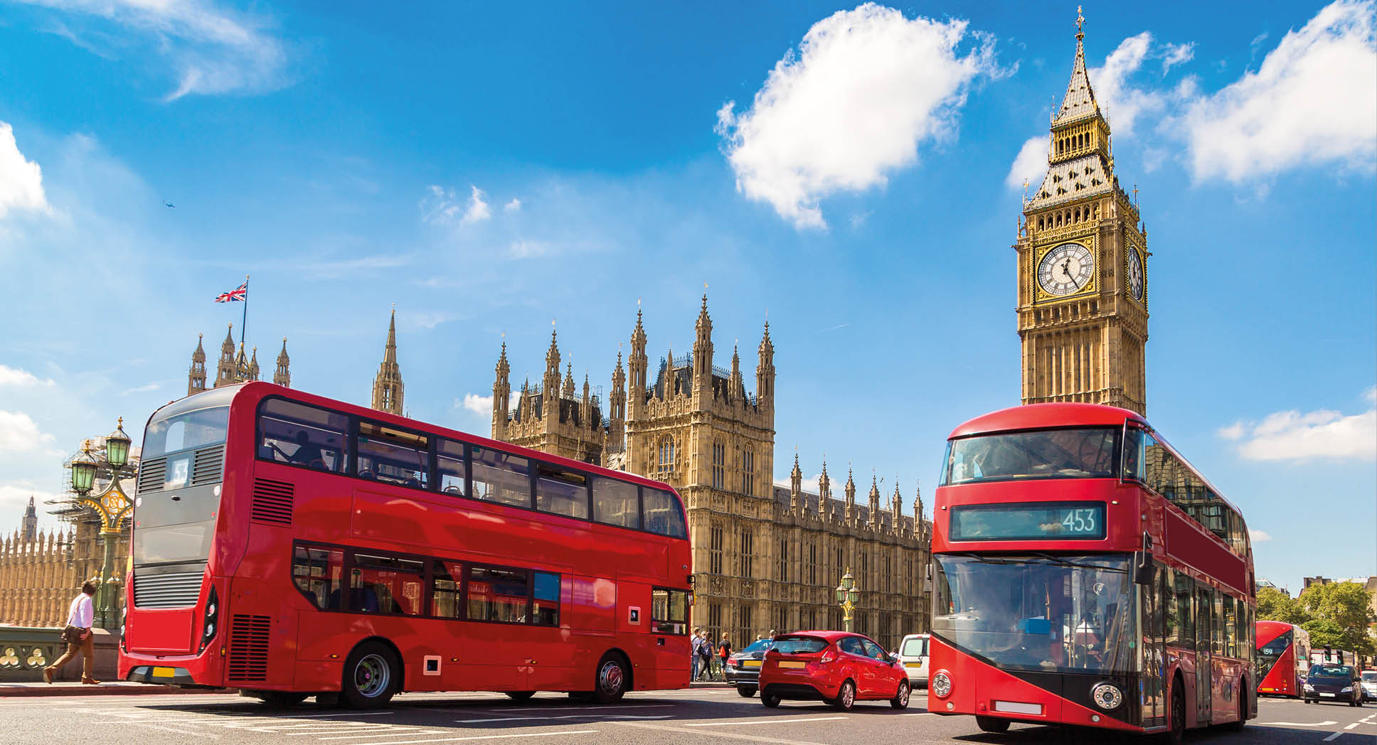 Big Ben, Westminster Bridge and red double decker bus in London, England, United Kingdom
