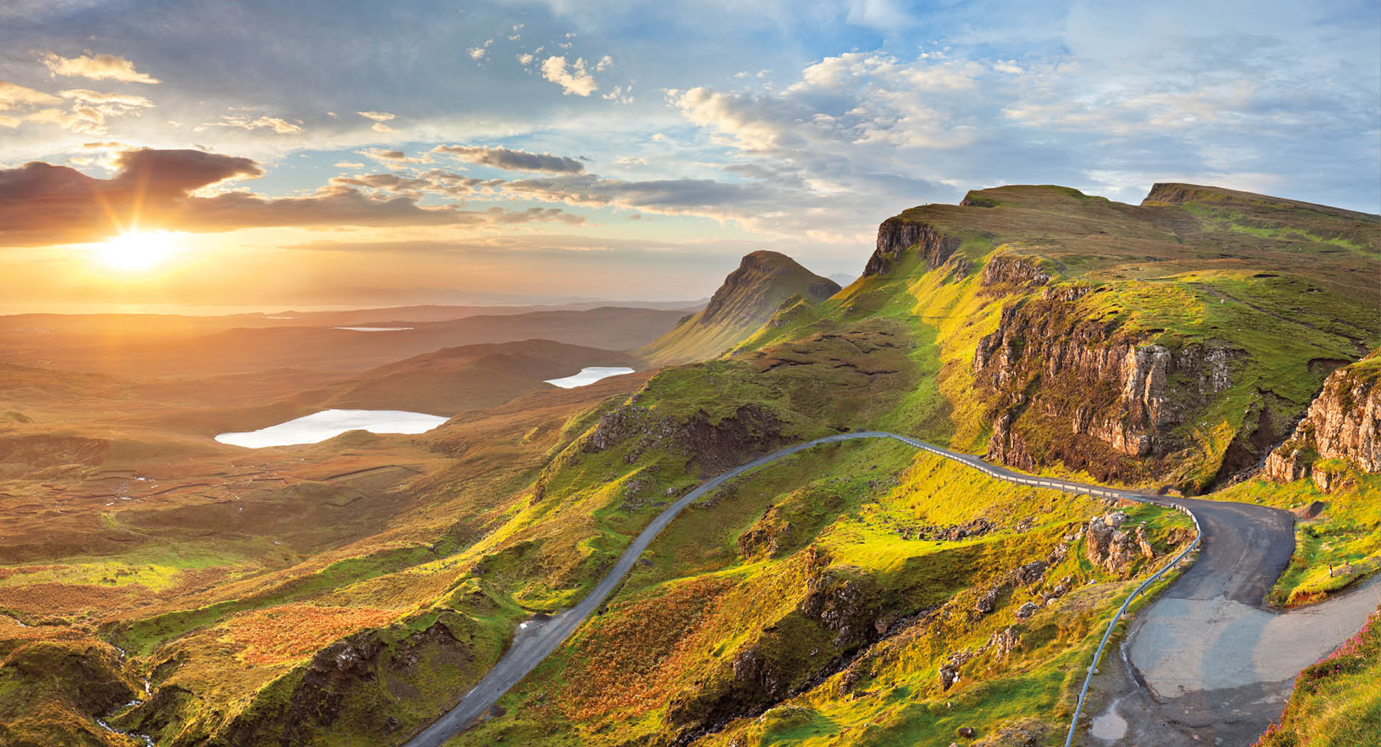 Beautiful light at Quiraing, Isle of Skye, Scotland. A seamlessly stitched panoramic image.