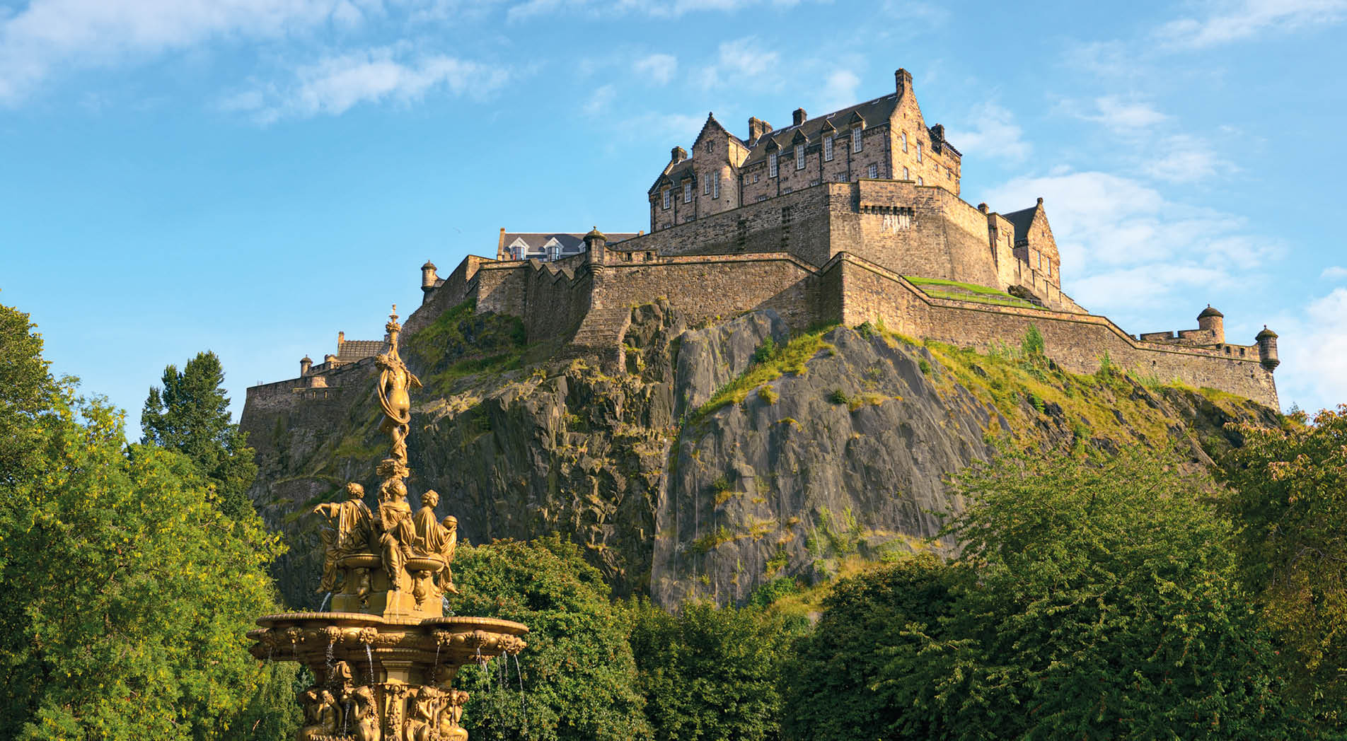Edinburgh Castle, Scotland, from Princes Street Gardens, with the Ross Fountain in the foreground