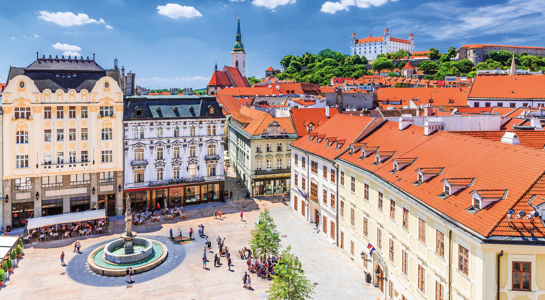 Bratislava, Slovakia. View of the Bratislava castle, main square and the St. Martin's Cathedral.