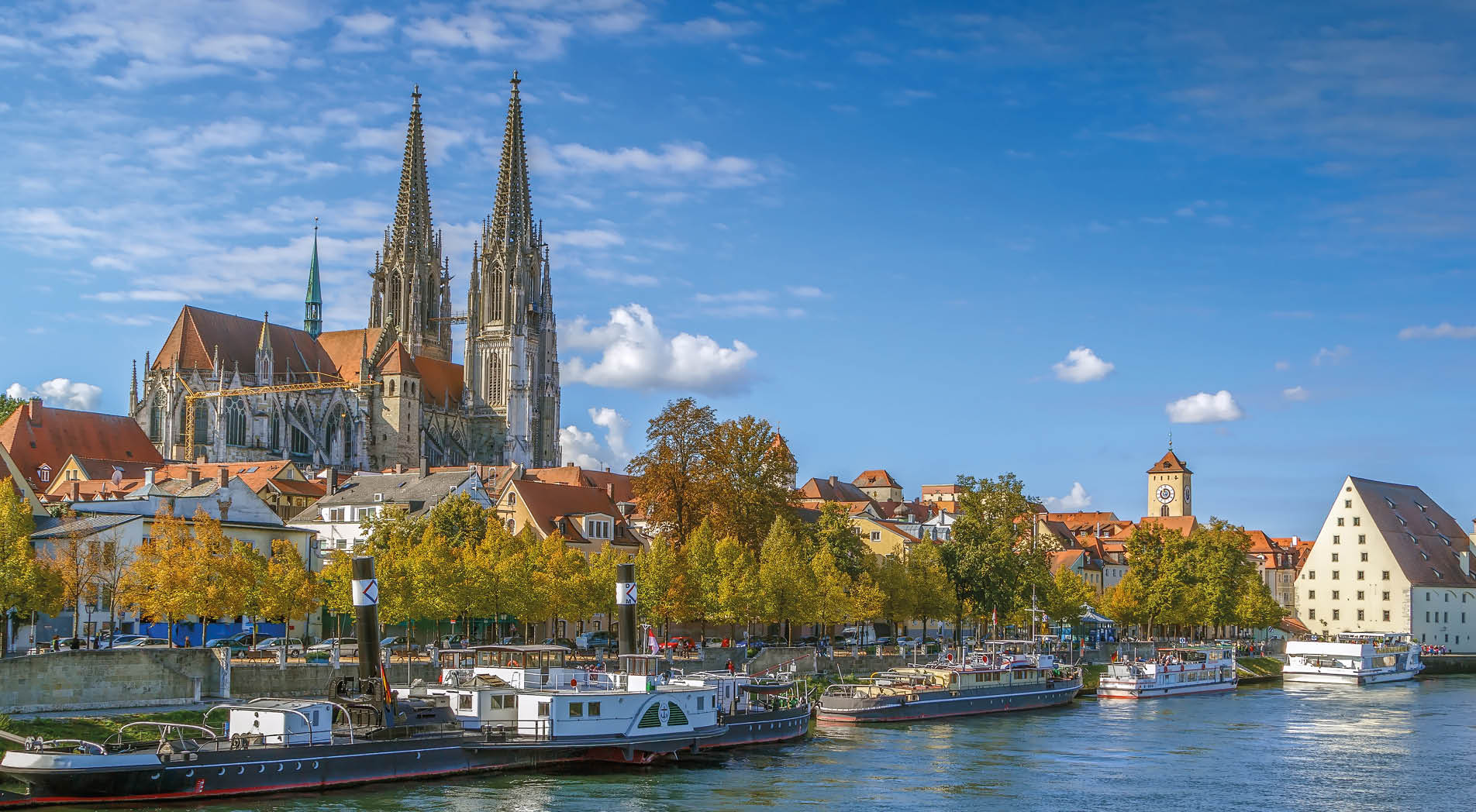 View of old town of Regensburg with st. Peter Cathedral from Danube river, Germany
