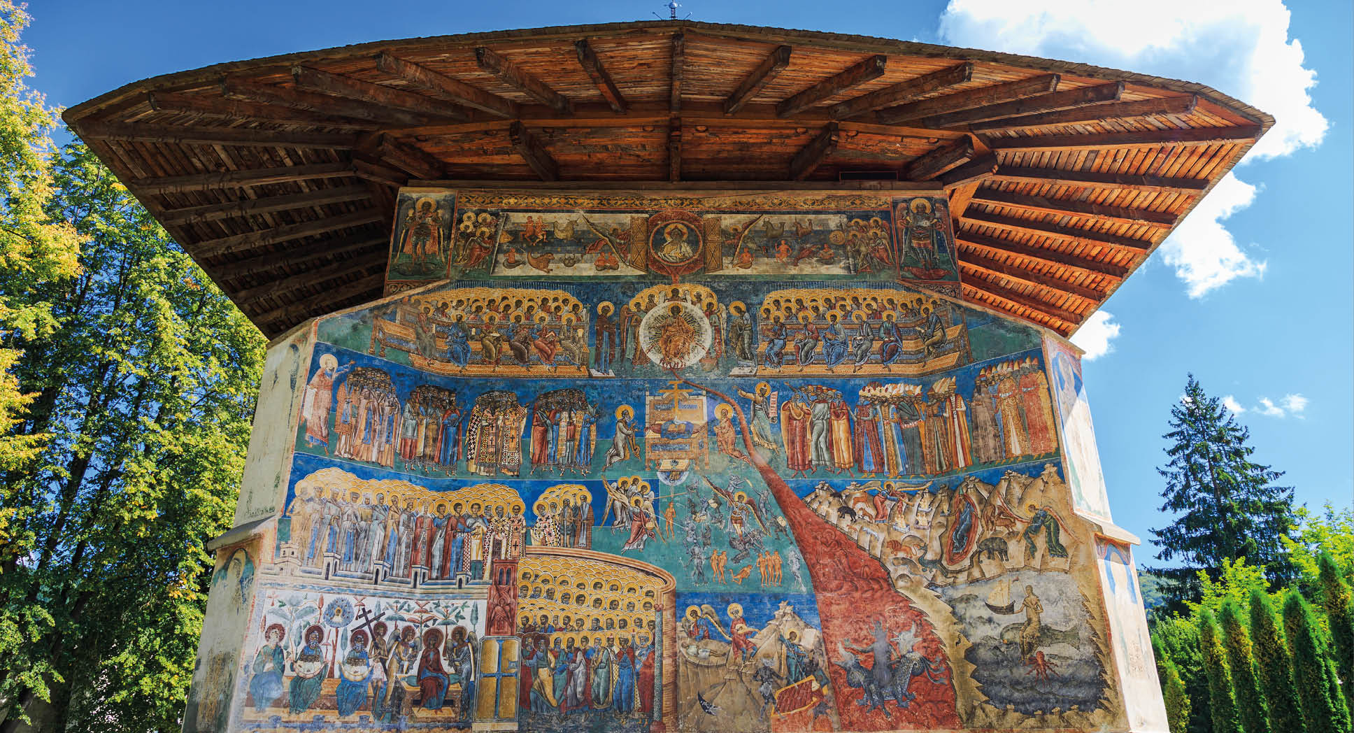 Voronet Monastery, Bucovina, Romania.The Last Judgment, painted on the exterior of the church.