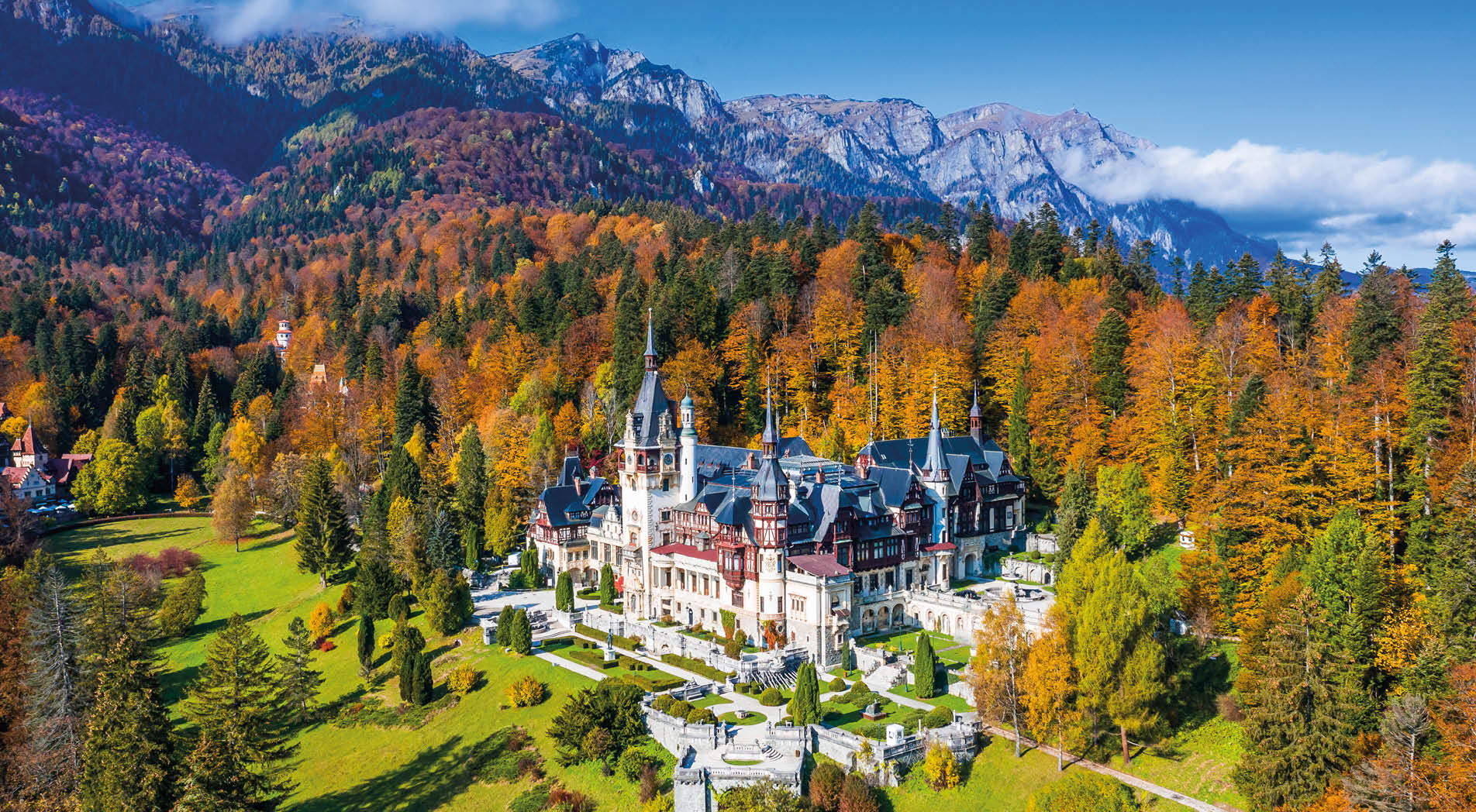 Peles castle in autumn. Sinaia, Prahova county, Romania.
