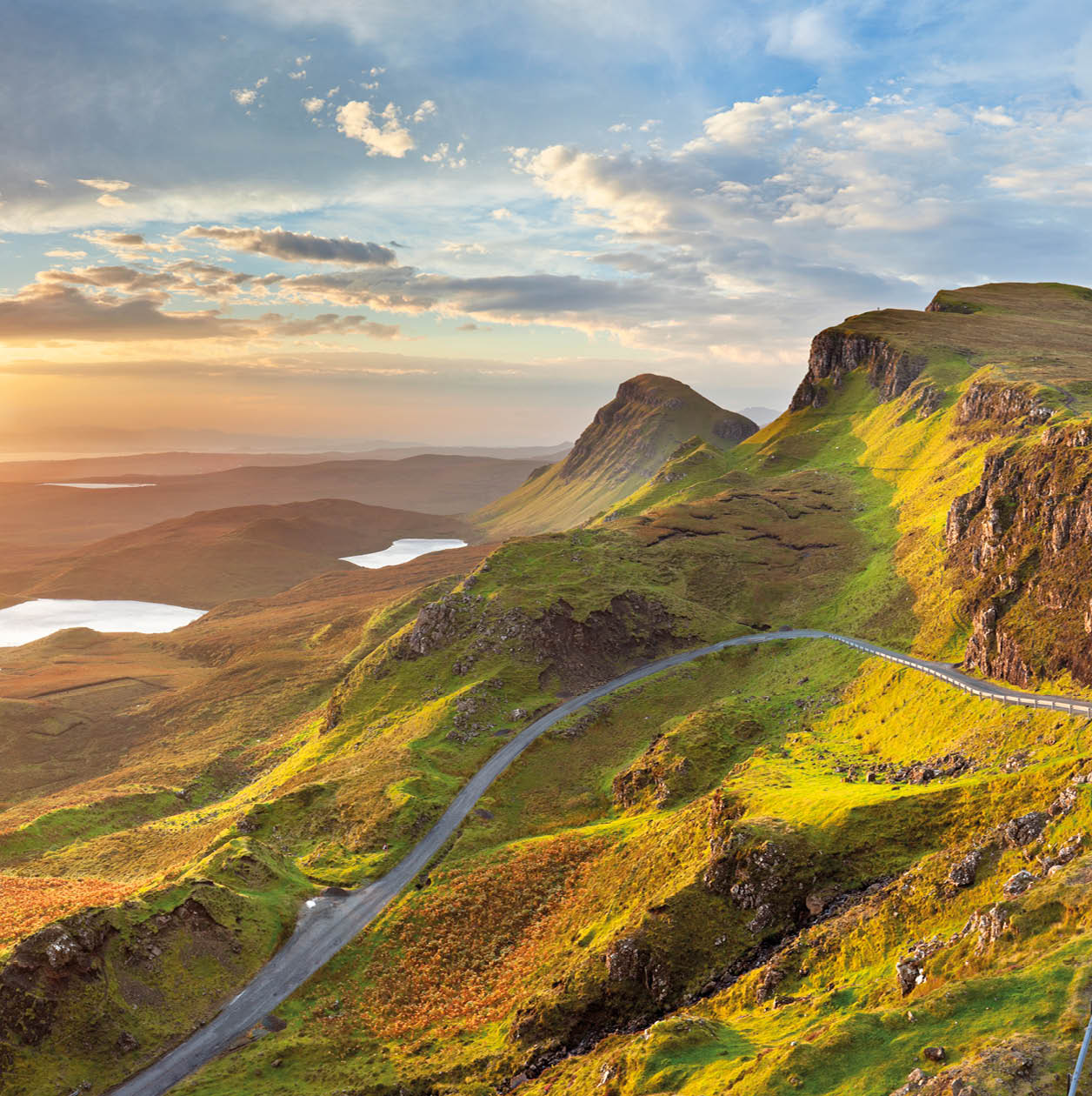Beautiful light at Quiraing, Isle of Skye, Scotland. A seamlessly stitched panoramic image.