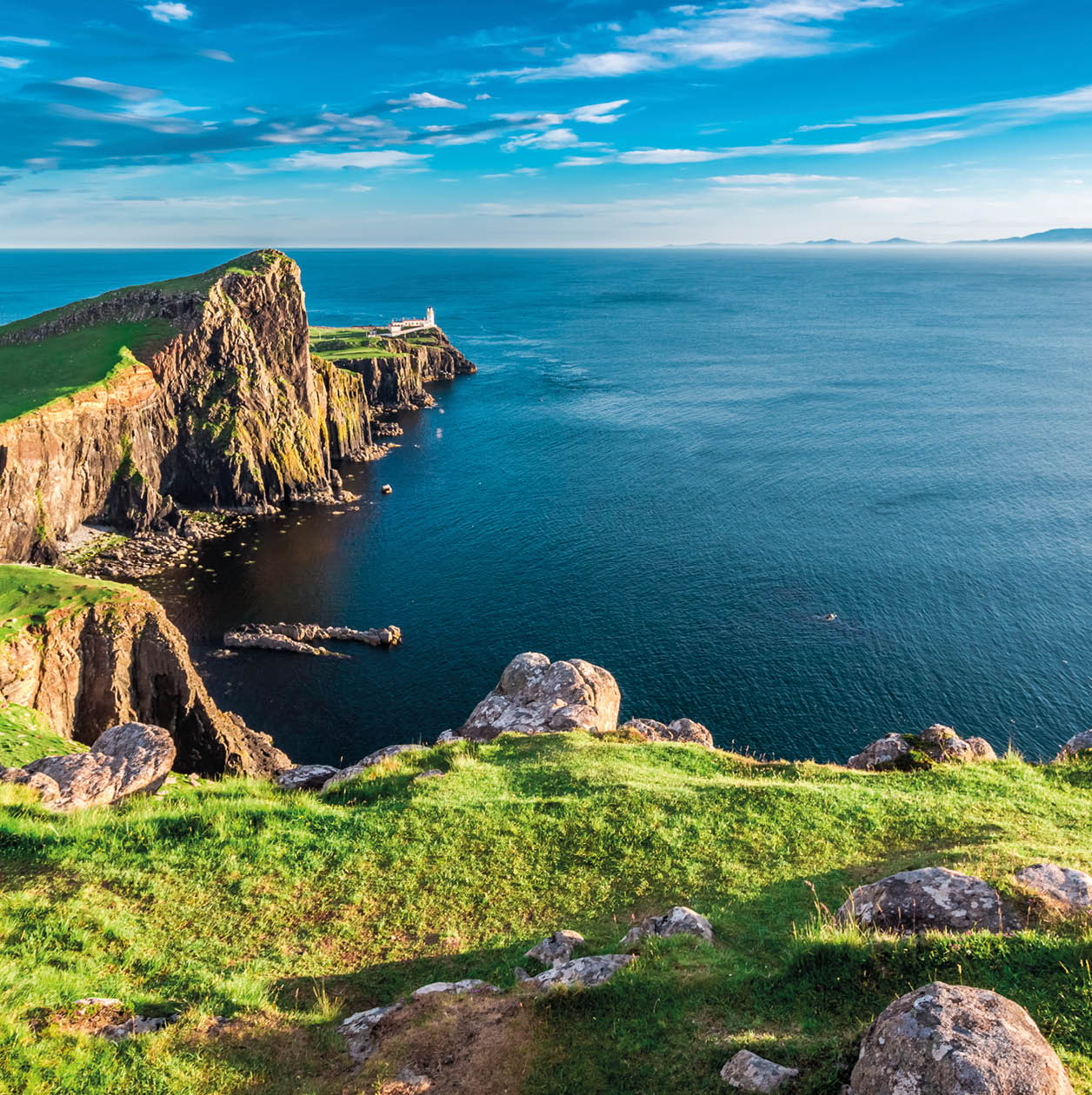 Stunning dusk at the Neist point lighthouse in Isle of Skye, Scotland