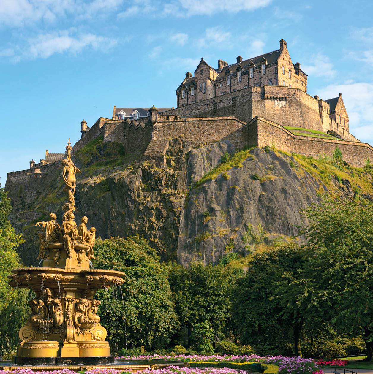 Edinburgh Castle, Scotland, from Princes Street Gardens, with the Ross Fountain in the foreground