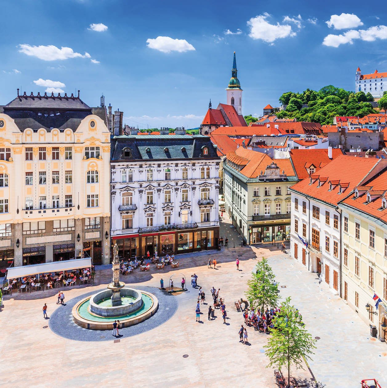 Bratislava, Slovakia. View of the Bratislava castle, main square and the St. Martin's Cathedral.