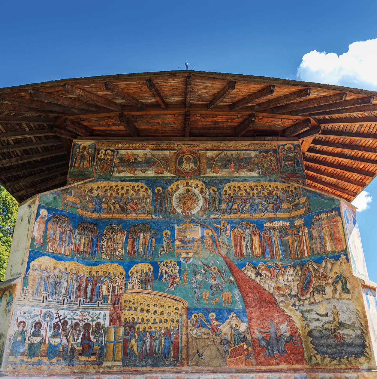 Voronet Monastery, Bucovina, Romania.The Last Judgment, painted on the exterior of the church.