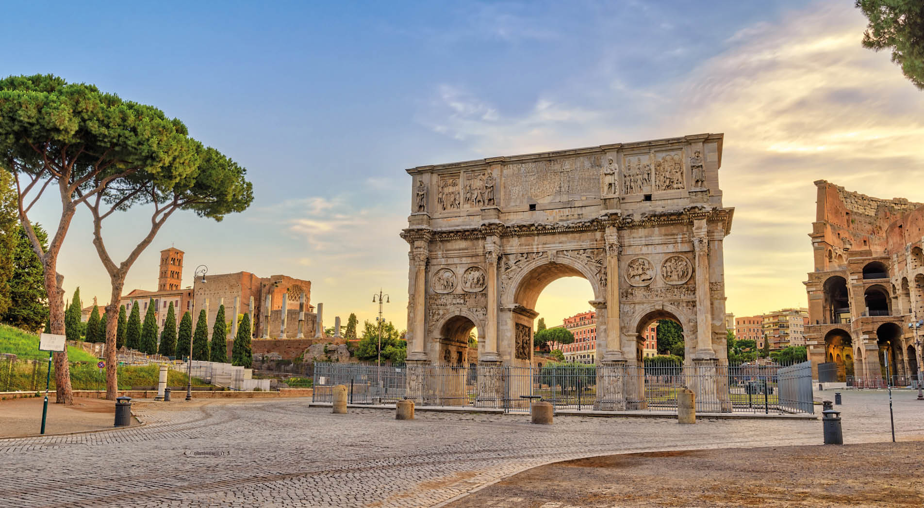 Rome sunrise city skyline at Arch of Constantine, Rome, Italy