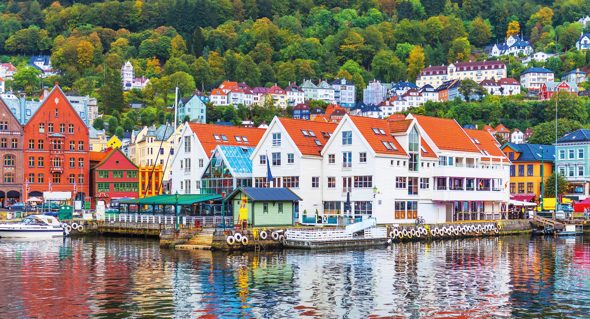 Scenic summer panorama of the Old Town pier architecture of Bryggen in Bergen, Norway